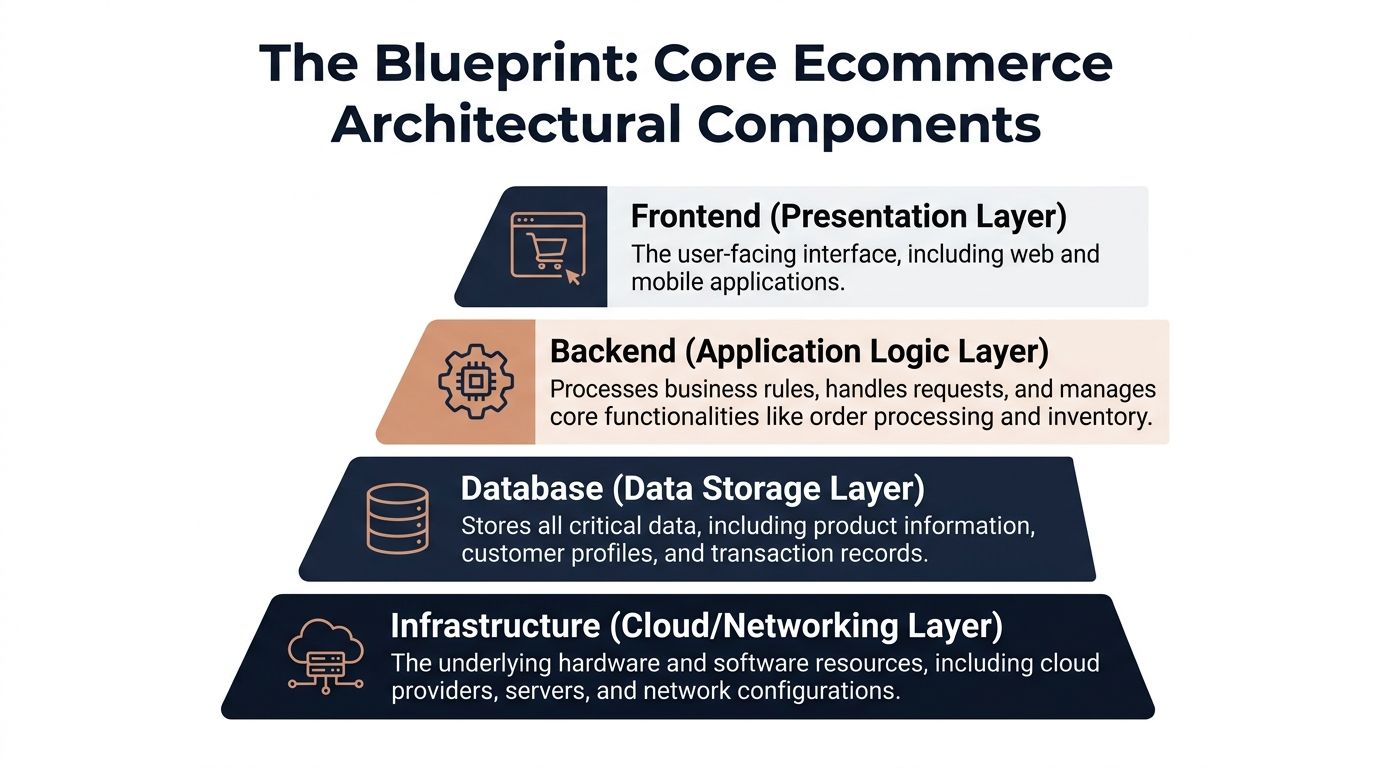 A diagram illustrating the four core architectural layers of an ecommerce platform including frontend, backend, database, and infrastructure.