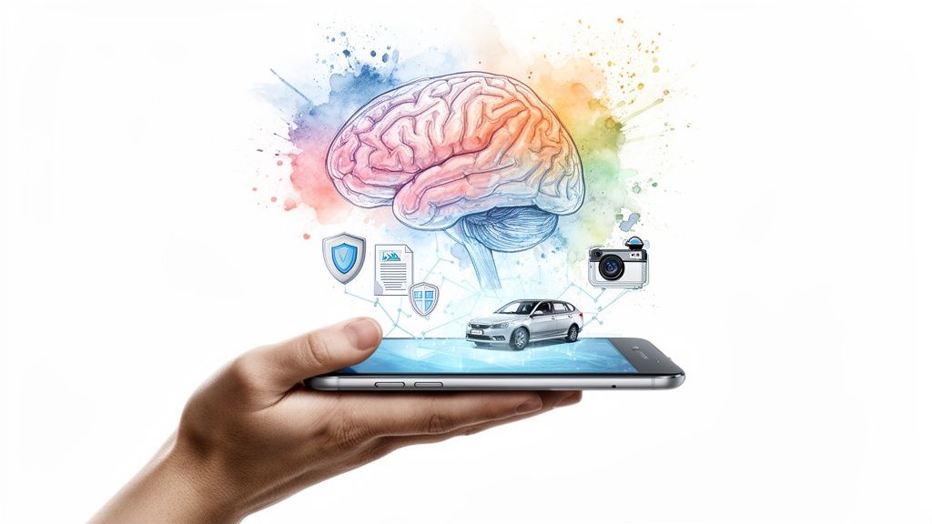 A hand holding a smartphone displaying a digital car, connected to a brain, security shields, and a camera.