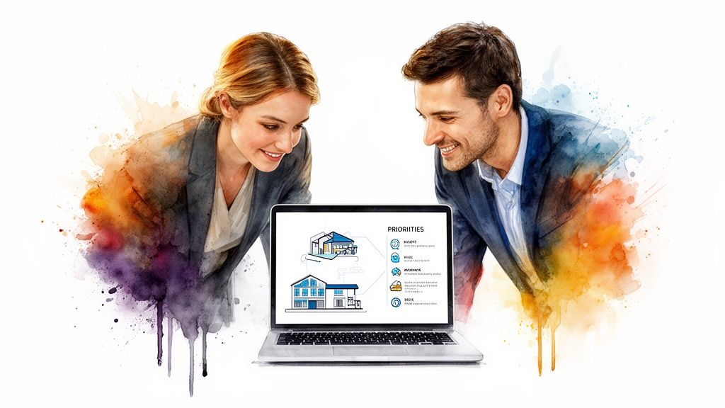 Two smiling professionals collaboratively reviewing housing priorities and designs on a laptop screen.