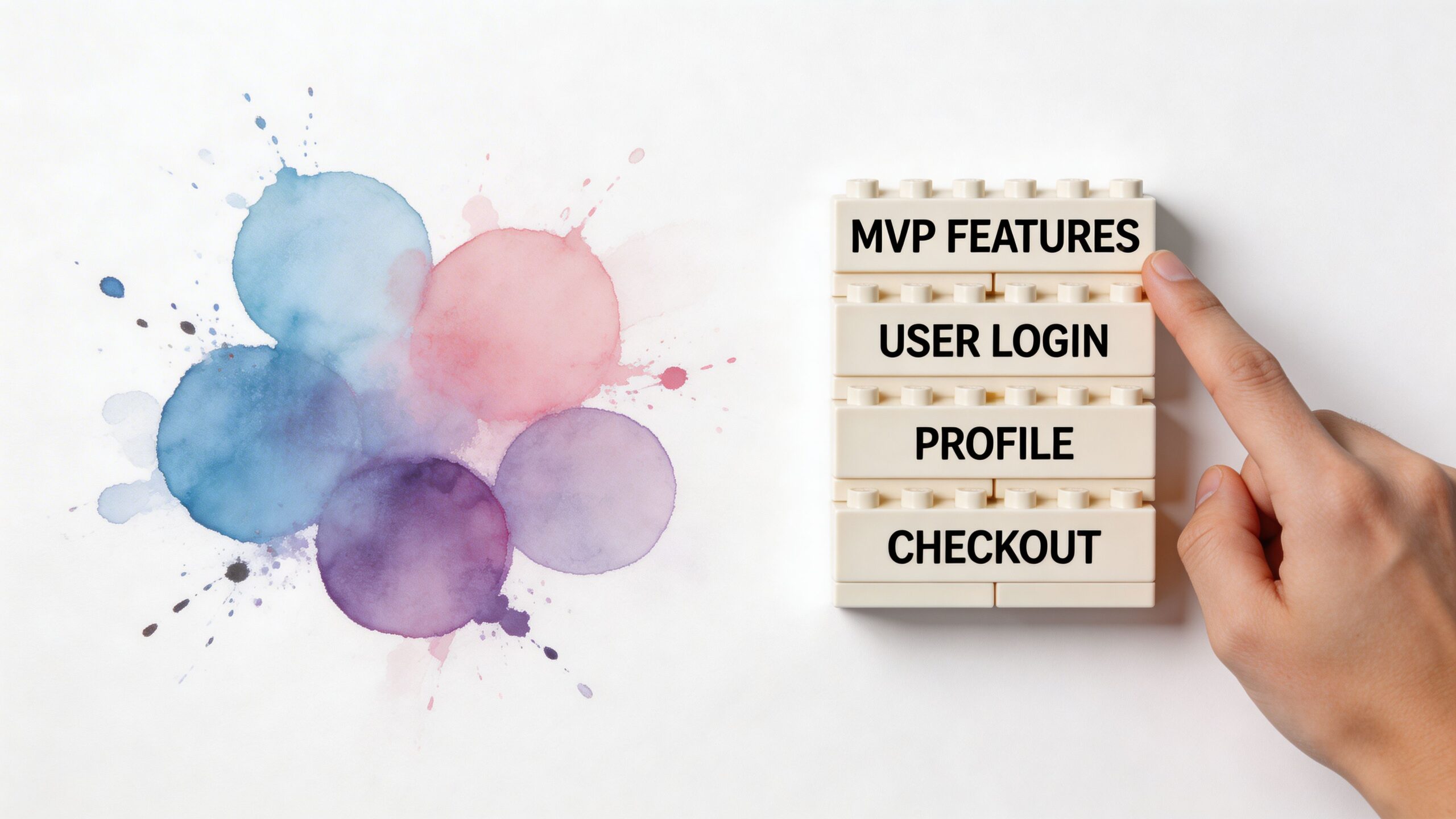 A hand pointing to a stack of building blocks labeled with essential MVP features for a startup.