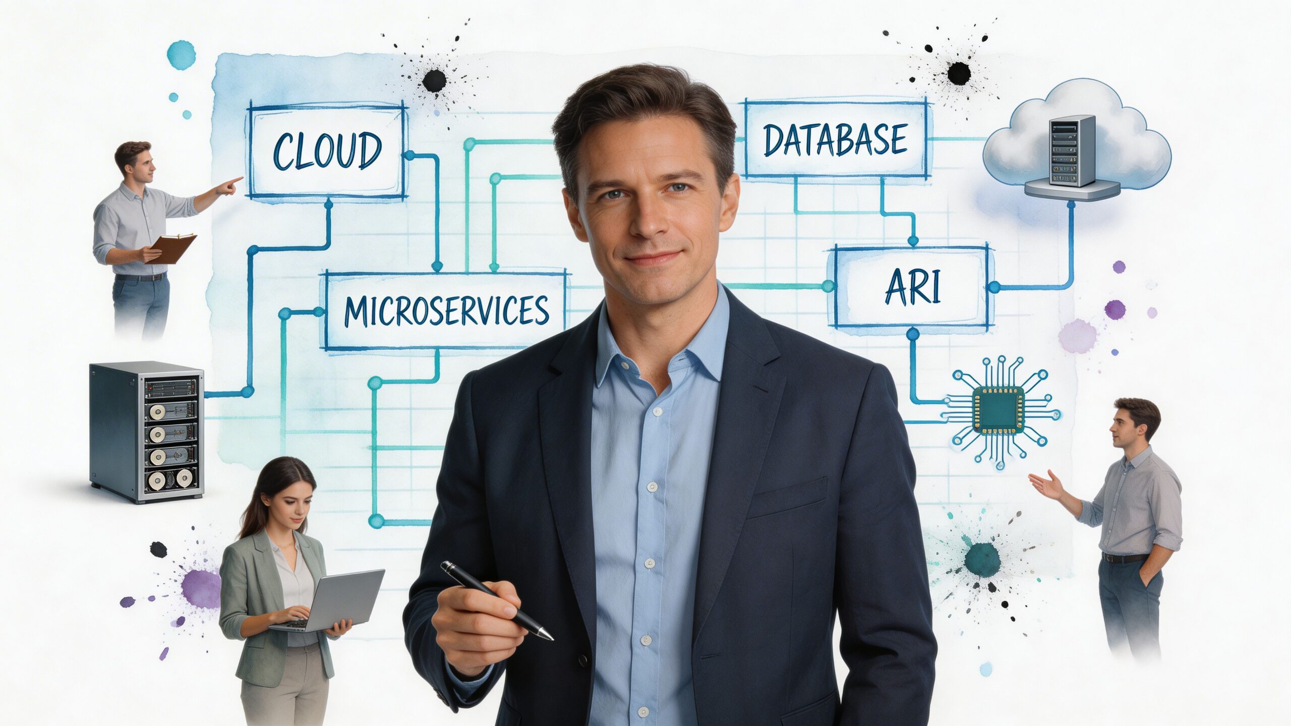 A professional team discussing cloud computing, microservices, and database infrastructure in a modern office environment.