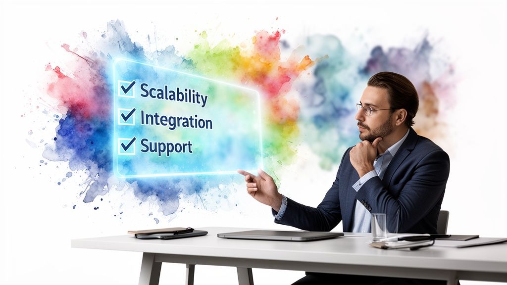 A professional man sitting at a desk looking at a holographic screen displaying business success checkboxes.