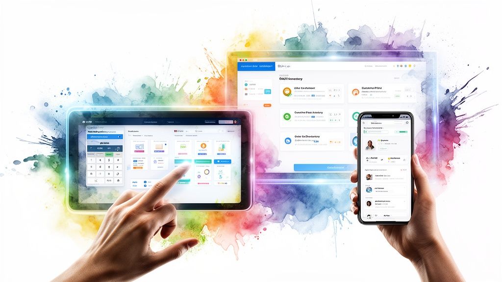 A person using multiple digital devices to manage an omnichannel commerce platform with colorful abstract artistic backgrounds.