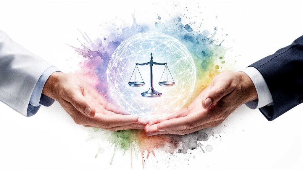 Two hands, one medical and one business, cradle a globe with scales of justice and a network, symbolizing healthcare regulation.