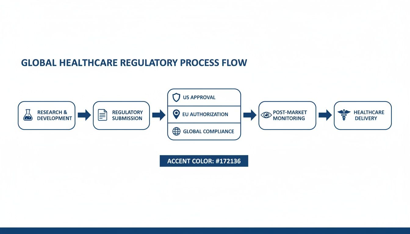 A flowchart detailing the global healthcare regulatory process from research to delivery.