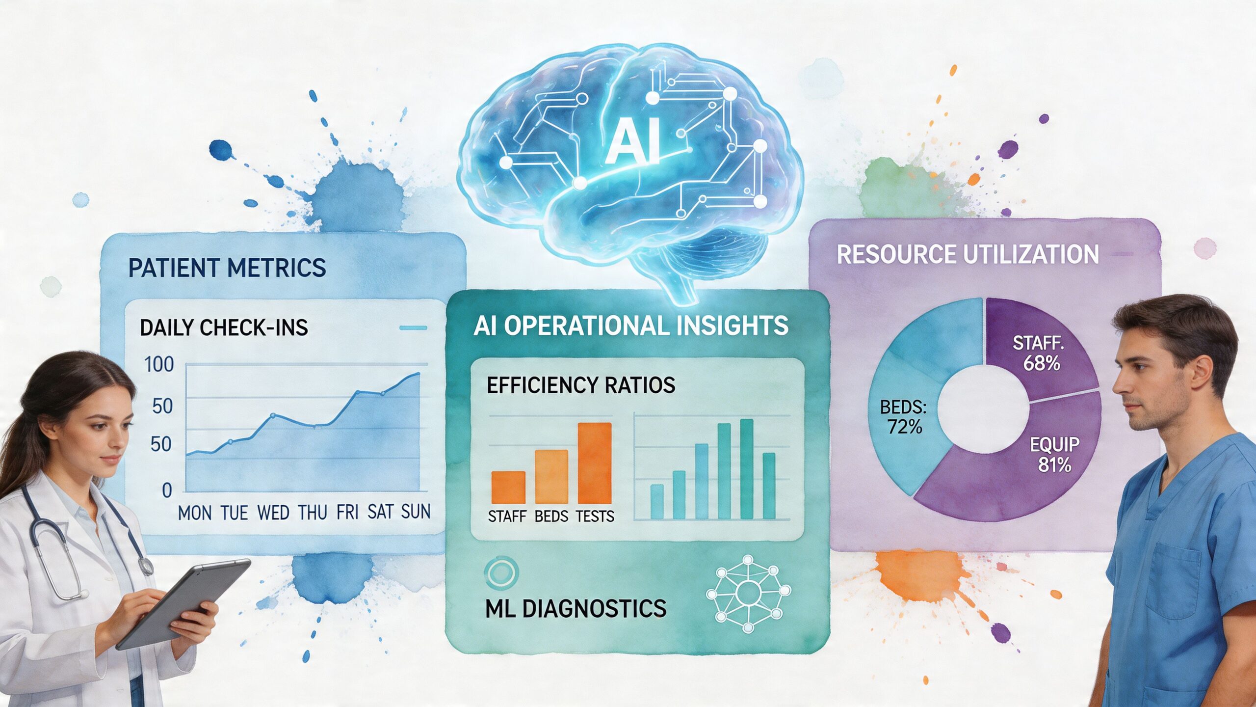 Medical professionals reviewing artificial intelligence data visualizations for hospital efficiency, patient metrics, and resource management.