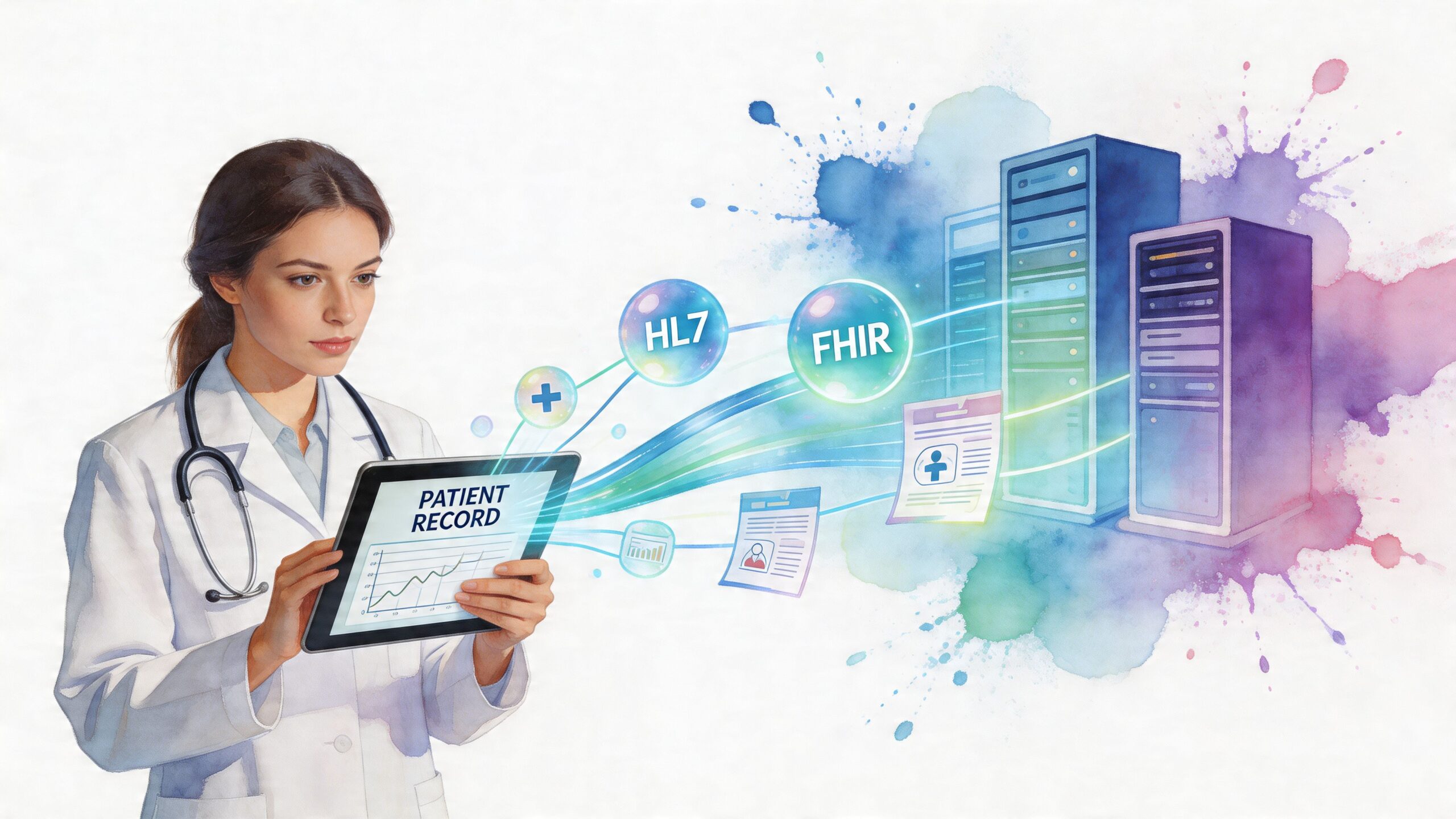 A female doctor using a tablet to send patient records to servers using FHIR and HL7 standards.