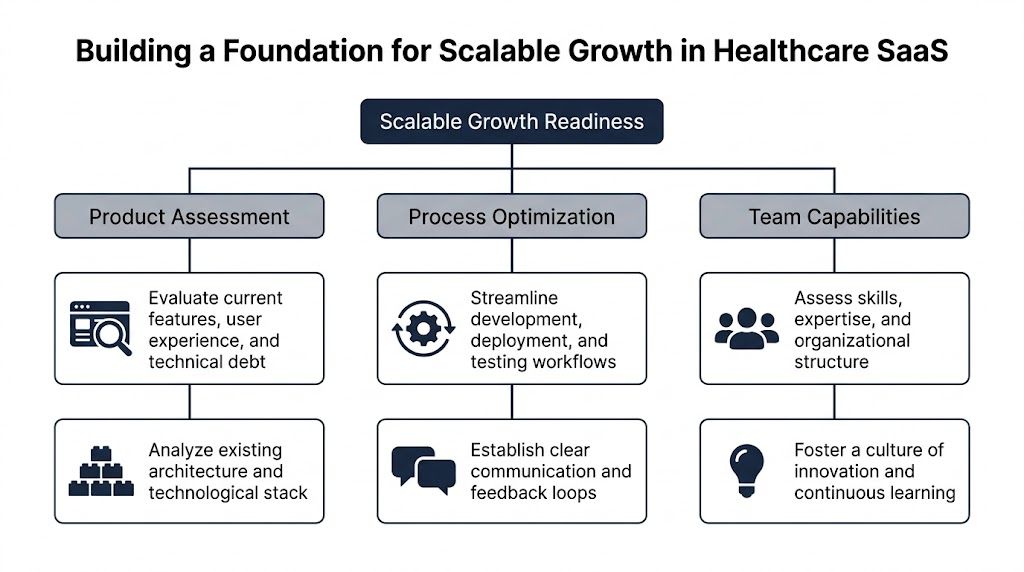 A diagram illustrating the three pillars for building a foundation for scalable growth in healthcare SaaS.
