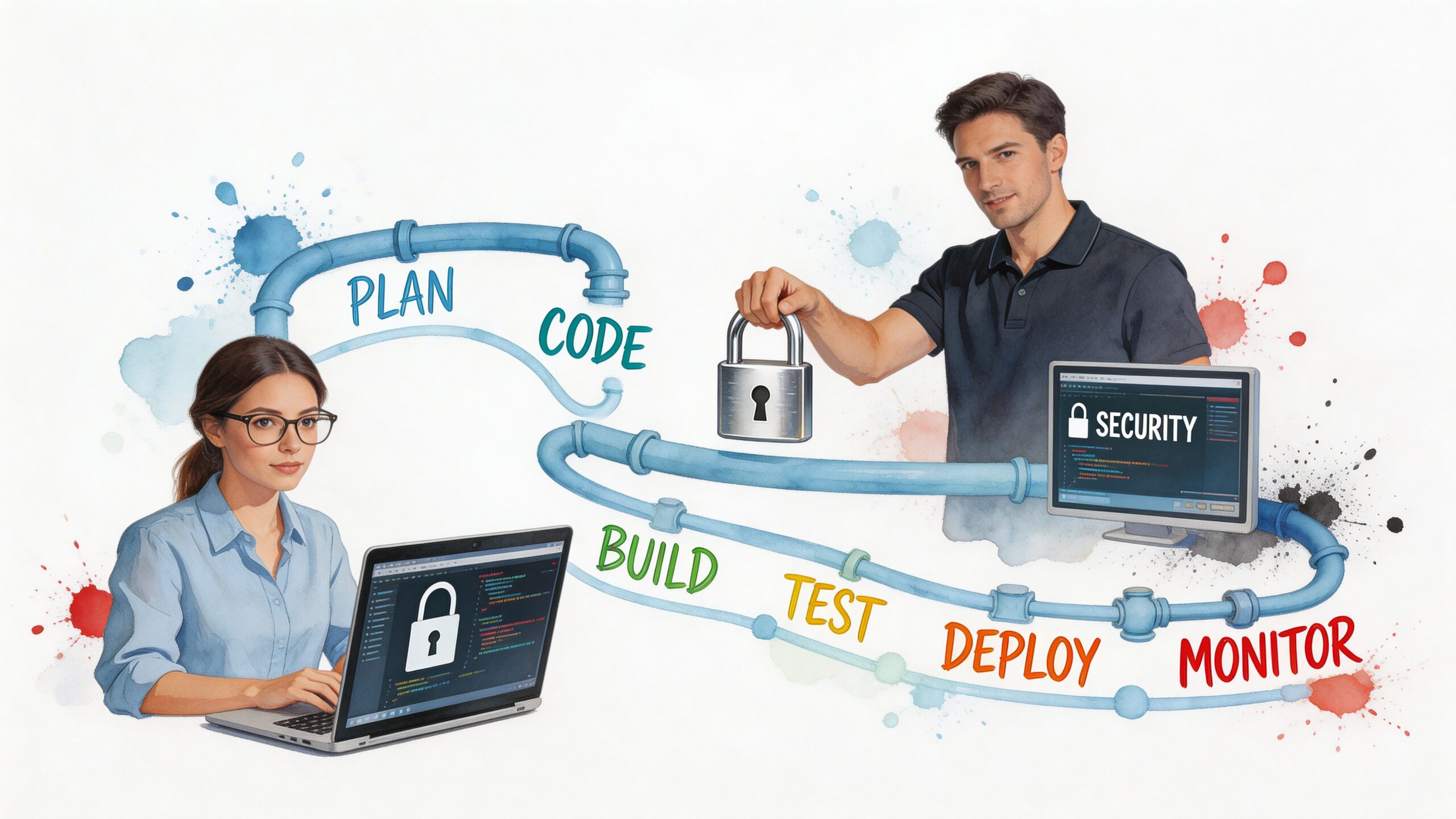 A professional man and woman working together on securing a healthcare software architecture development pipeline.