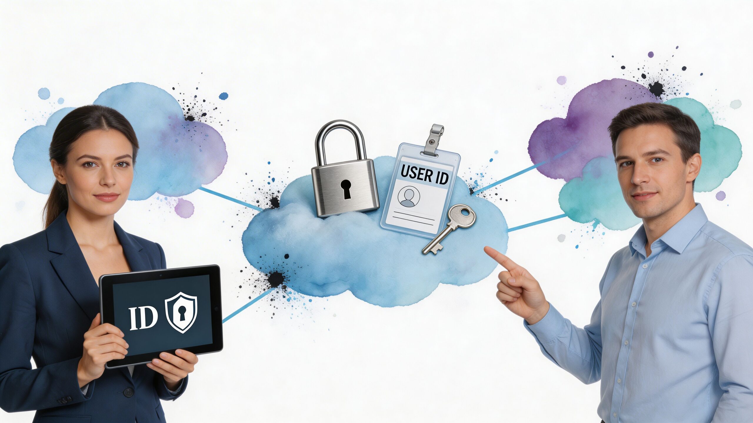 A professional man and woman demonstrating secure digital identity and cloud-based authentication technology solutions.