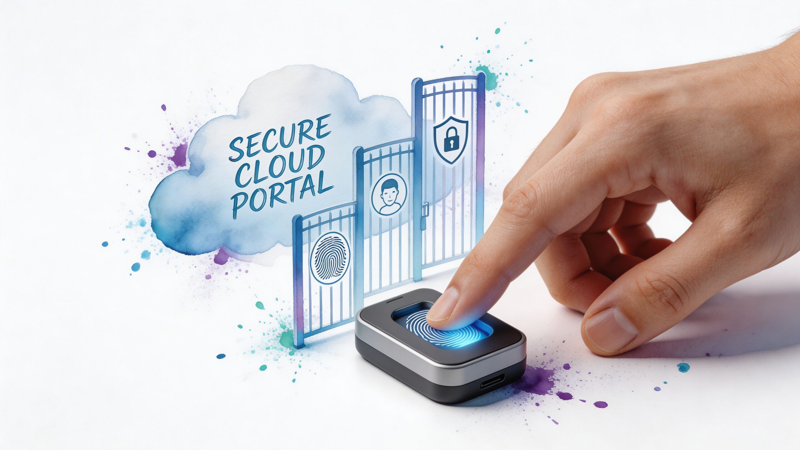 A hand places a finger on a scanner, with a digital graphic illustrating secure cloud portal authentication.