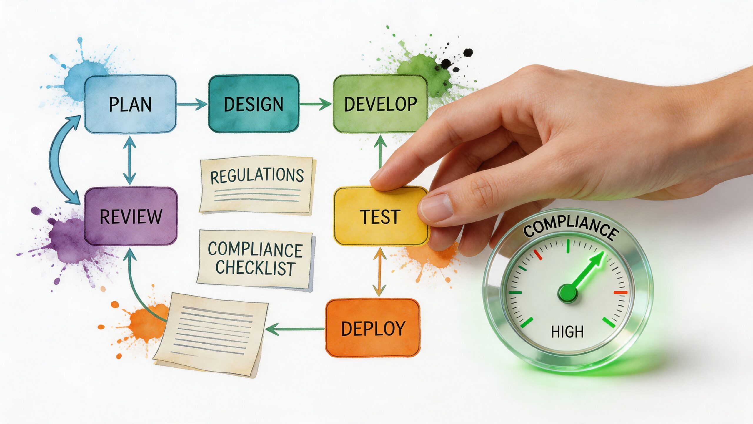A hand placing a test stage tile into a software development process chart with a compliance gauge.