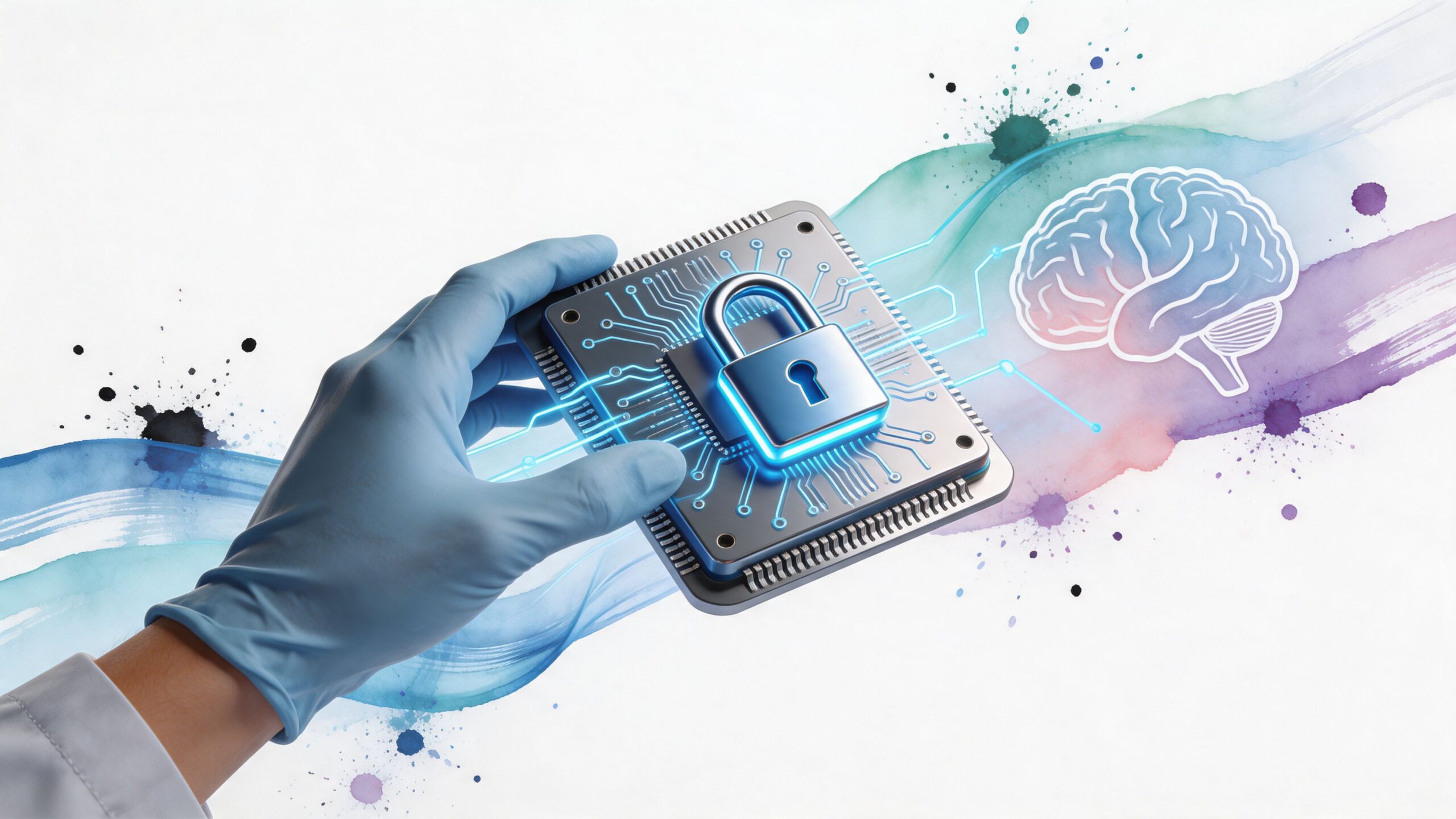 A gloved hand holding a microchip with a digital padlock icon connected to a glowing human brain.