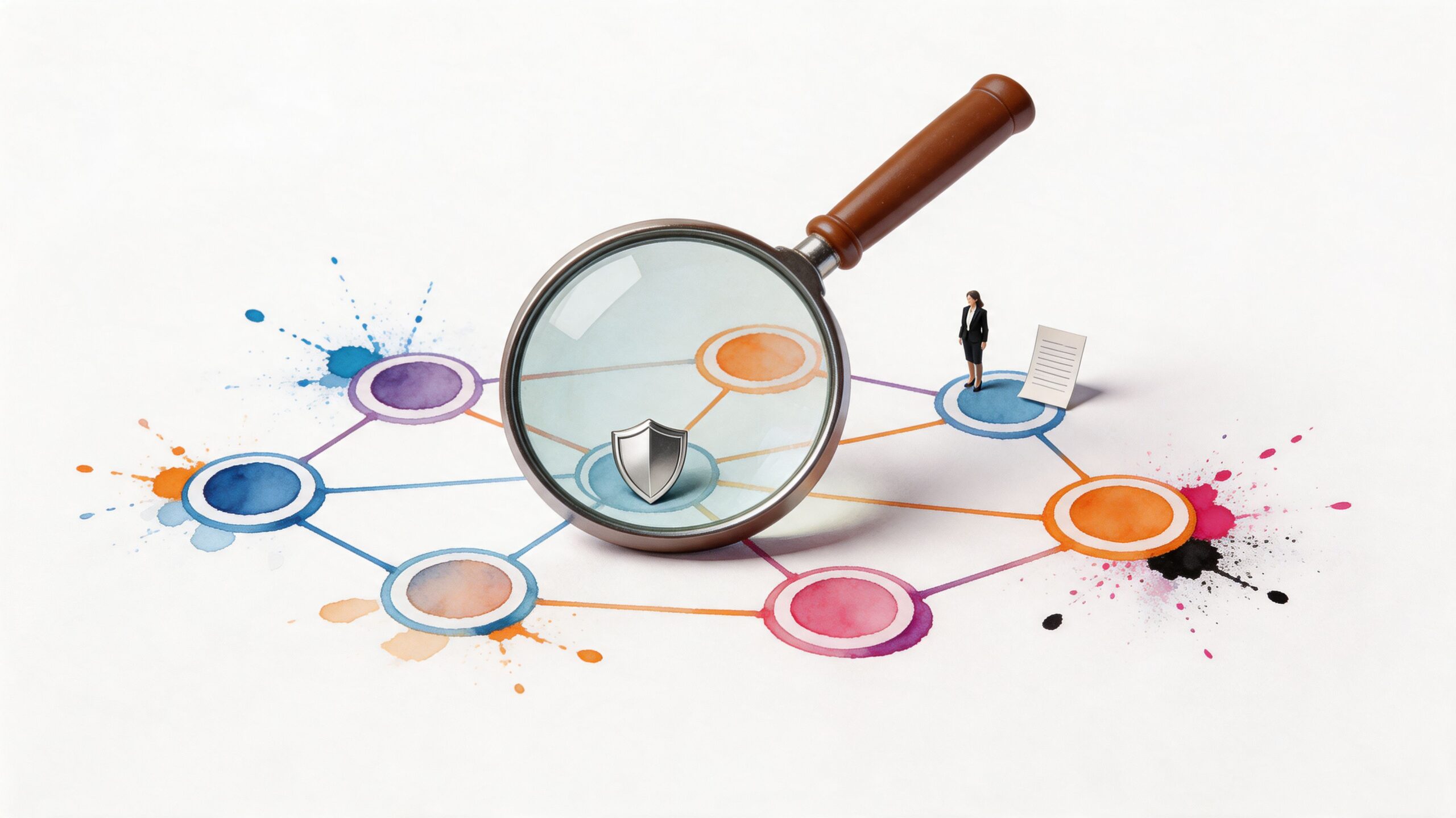 A magnifying glass inspecting a connected network of colorful circles with a silver shield and professional figure.