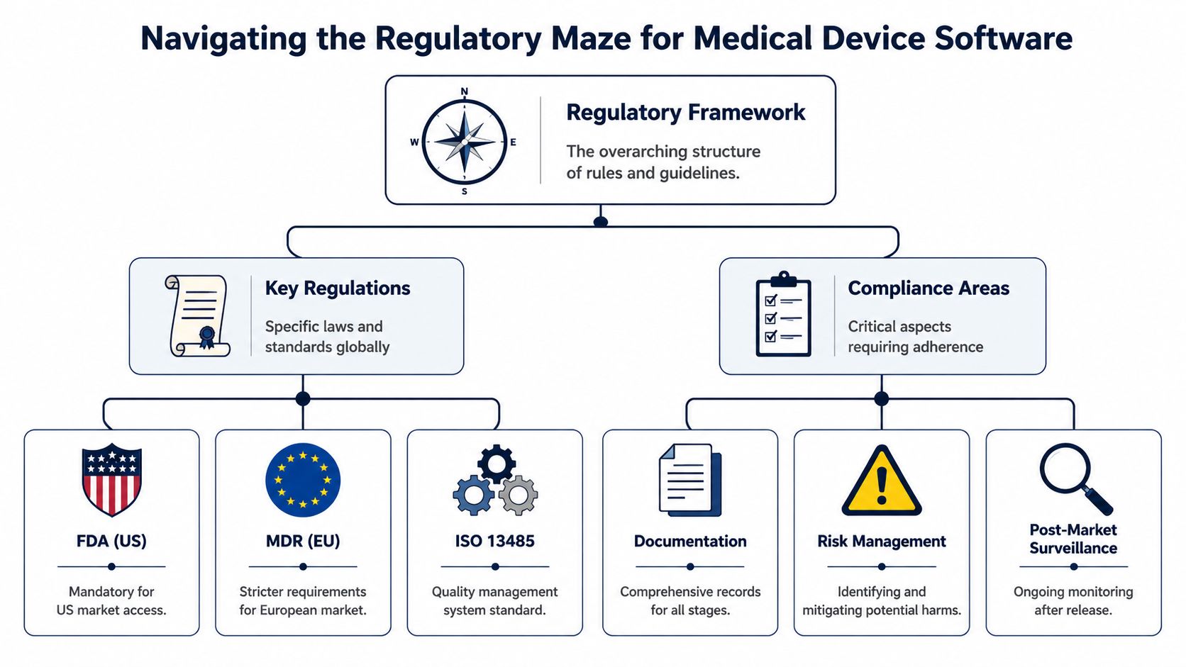 A flowchart diagram explaining the regulatory framework, key regulations, and compliance areas for medical device software development.