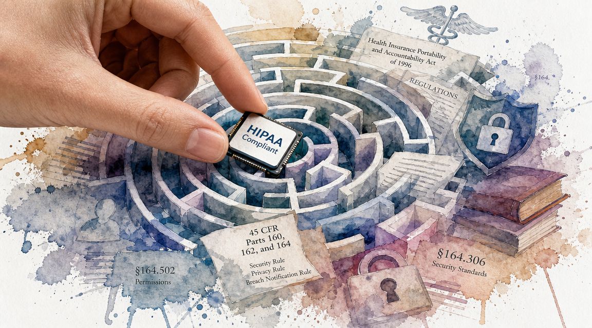 A hand placing a HIPAA compliant chip into the center of a complex maze representing healthcare data security.