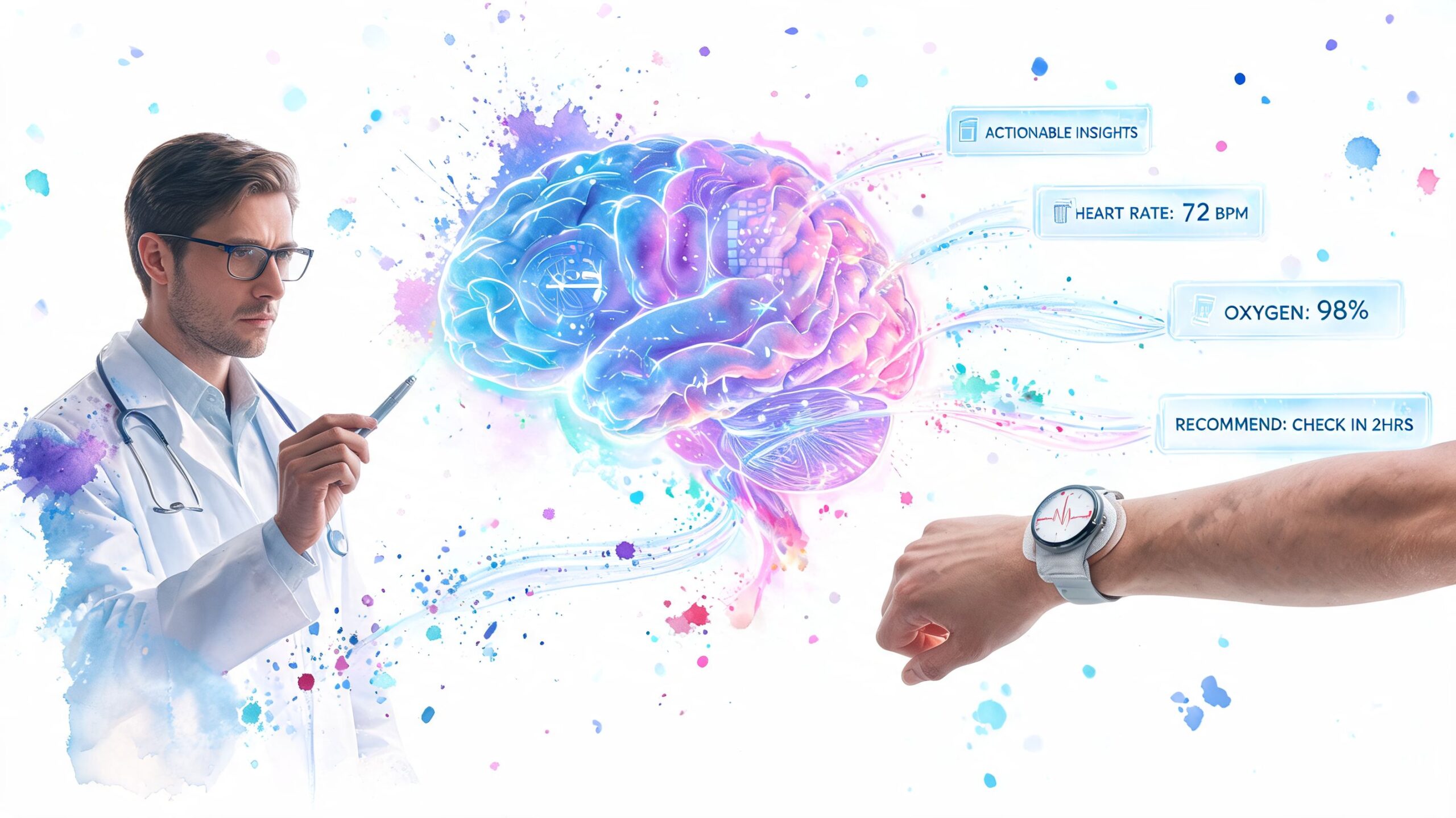 A doctor examining a glowing holographic brain connected to a patient's digital health smartwatch data readout.