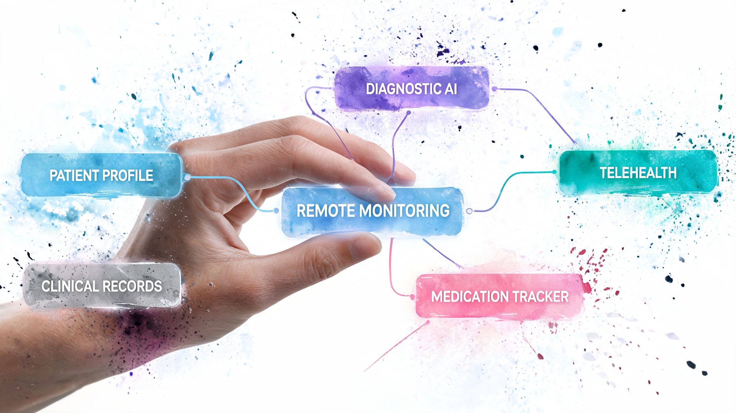 A human hand holding a floating blue digital block labeled remote monitoring connected to various health service icons.