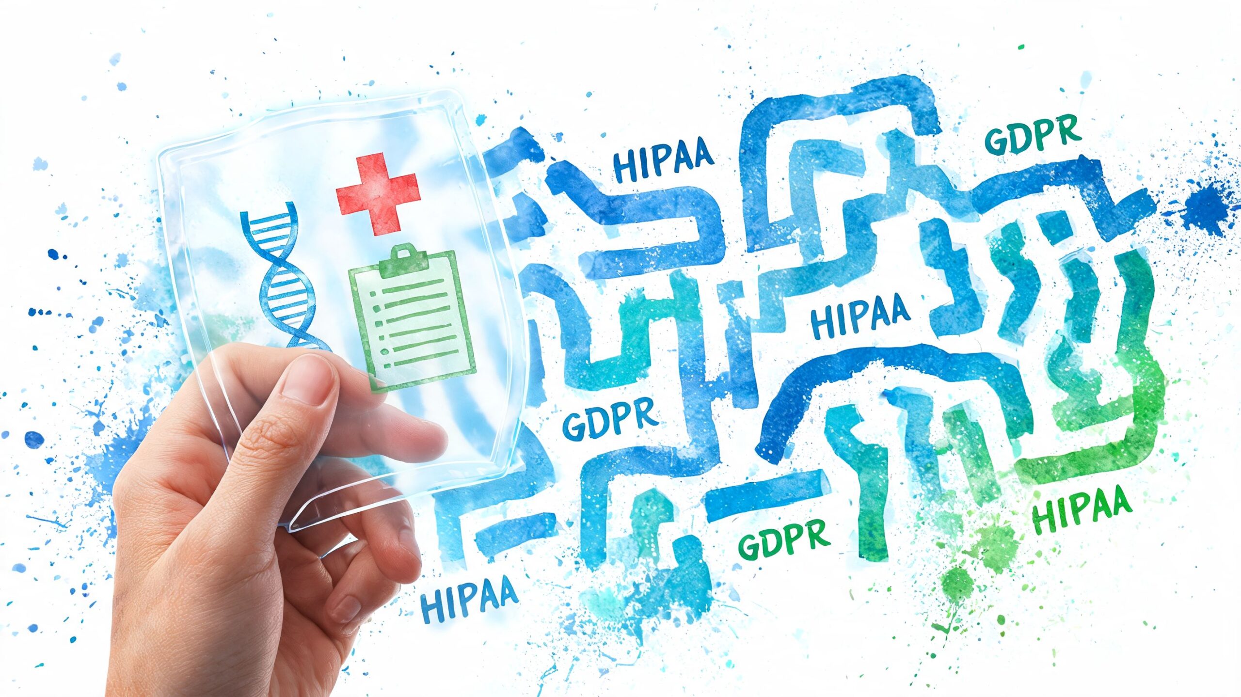 A hand holding a digital shield with medical icons before a complex watercolor maze representing compliance.