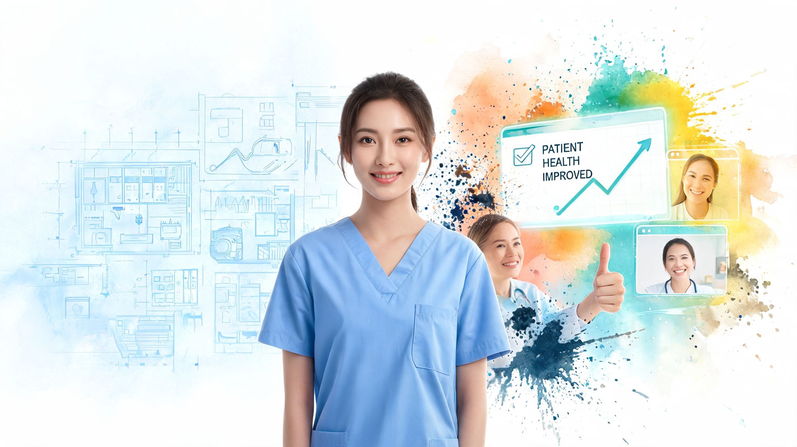 A professional nurse standing before digital health charts and video calls representing digital healthcare software solutions.