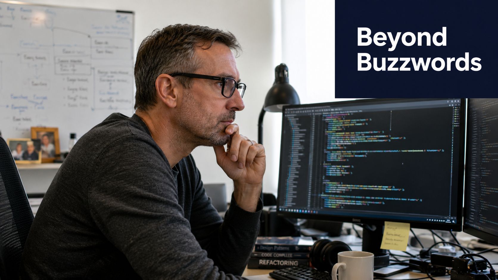 A focused middle-aged software developer sitting at his desk working on computer code in an office.