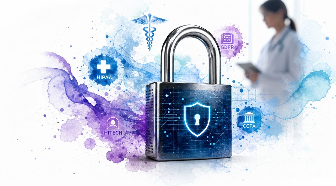 A digital padlock graphic surrounded by healthcare security compliance icons with a blurry doctor in the background.