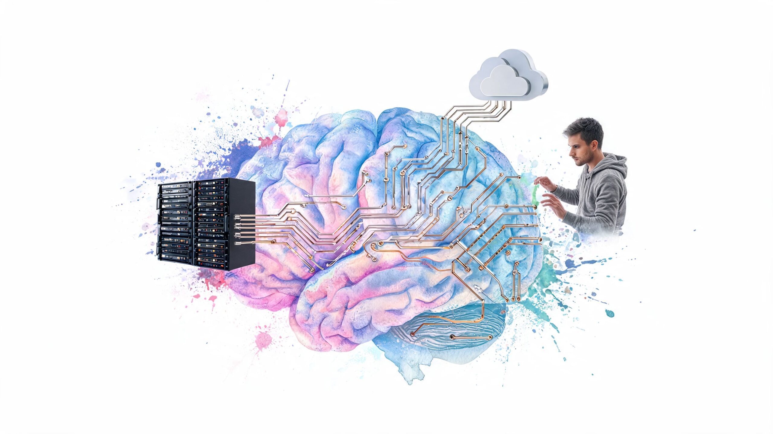 A digital illustration of a human brain connected to computer servers, cloud computing, and a software engineer.