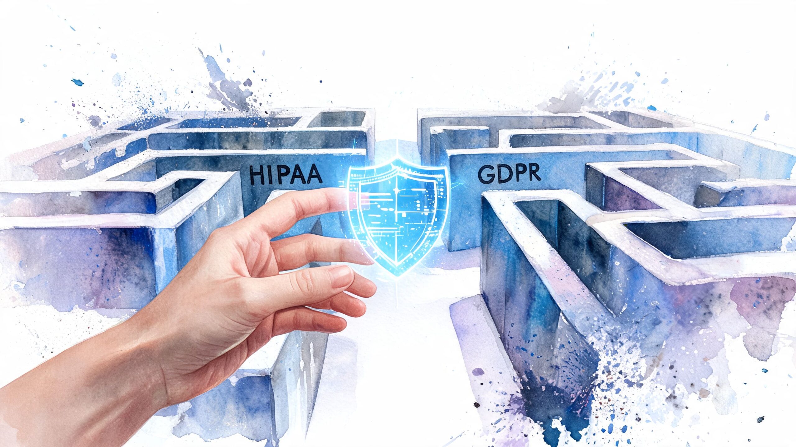 A hand reaching towards a glowing digital shield between a HIPAA and GDPR maze structure.