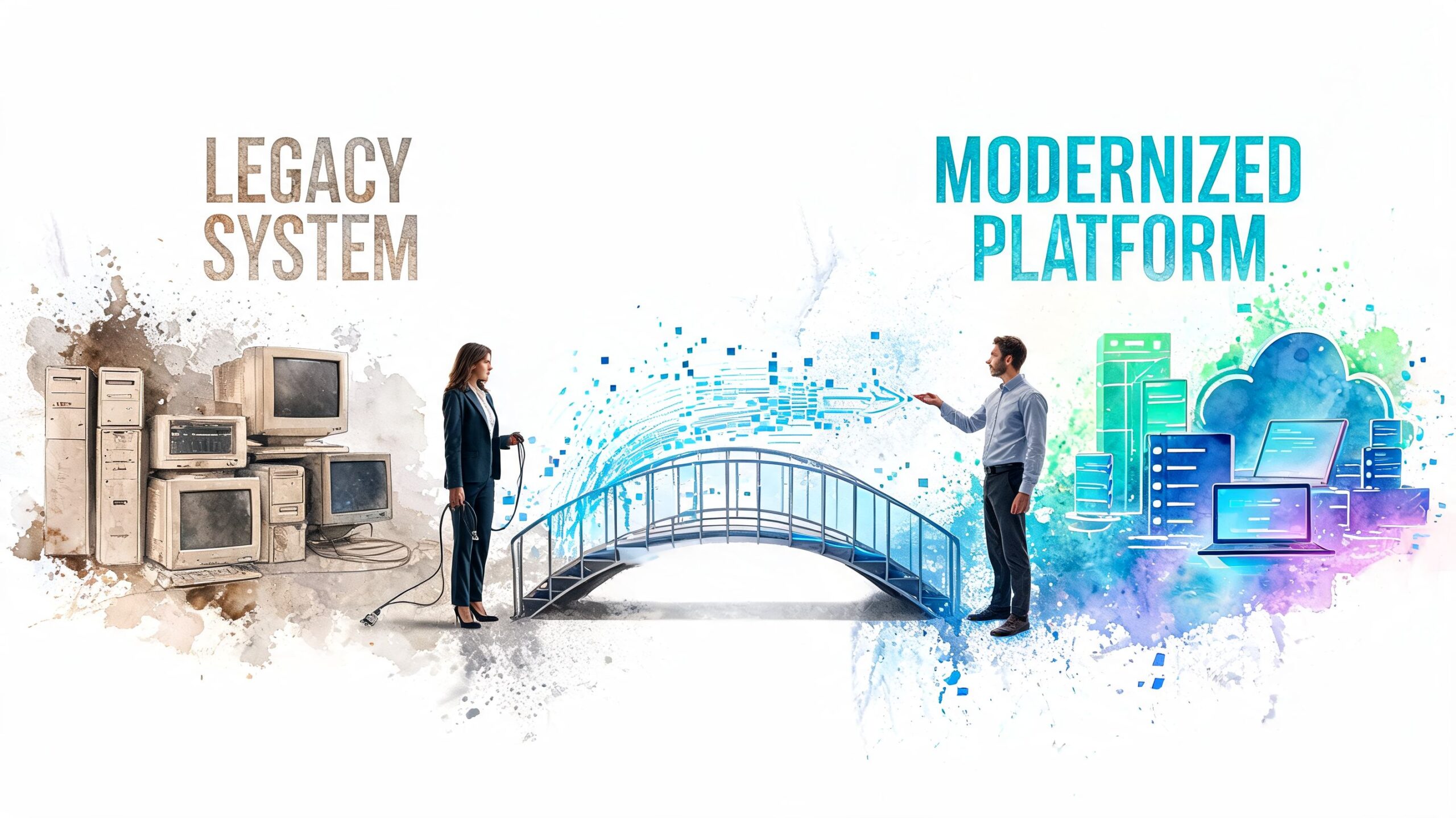 A professional woman connecting legacy computer hardware to a modern digital cloud platform via a bridge