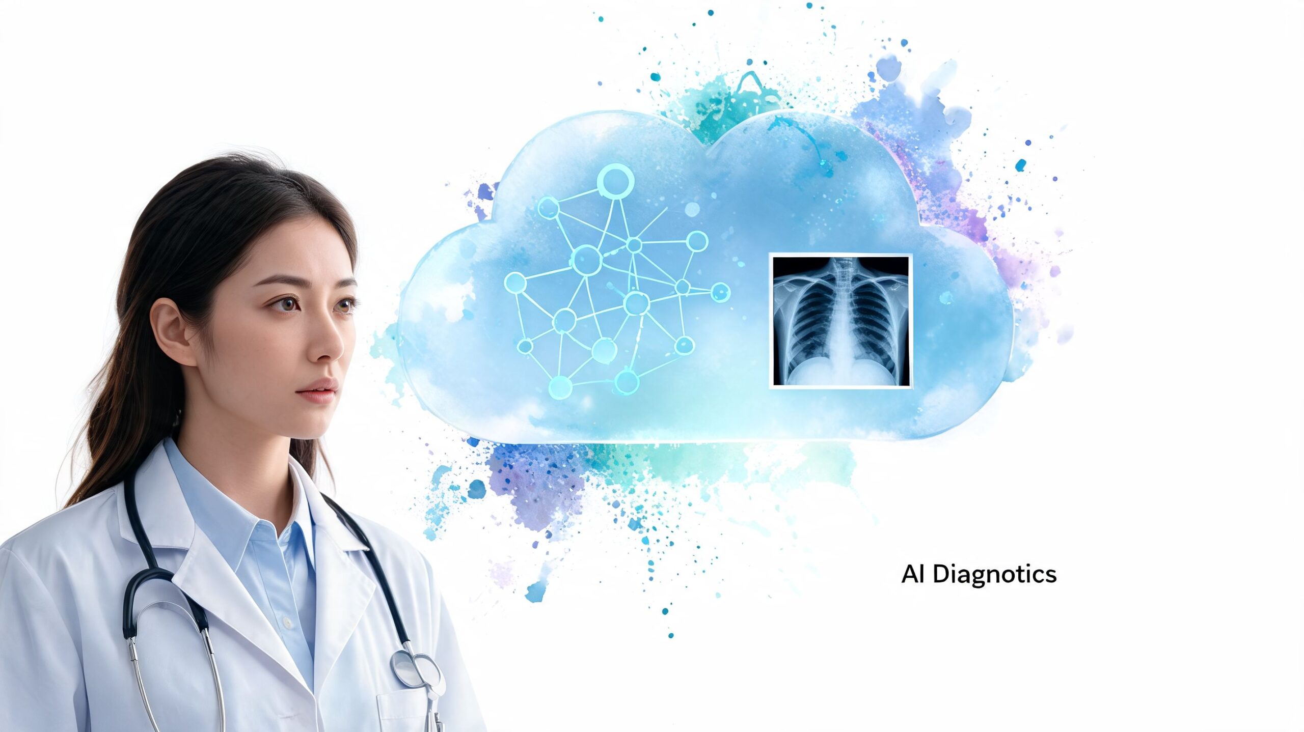 A professional doctor looking at a digital cloud graphic displaying medical network nodes and a chest X-ray.