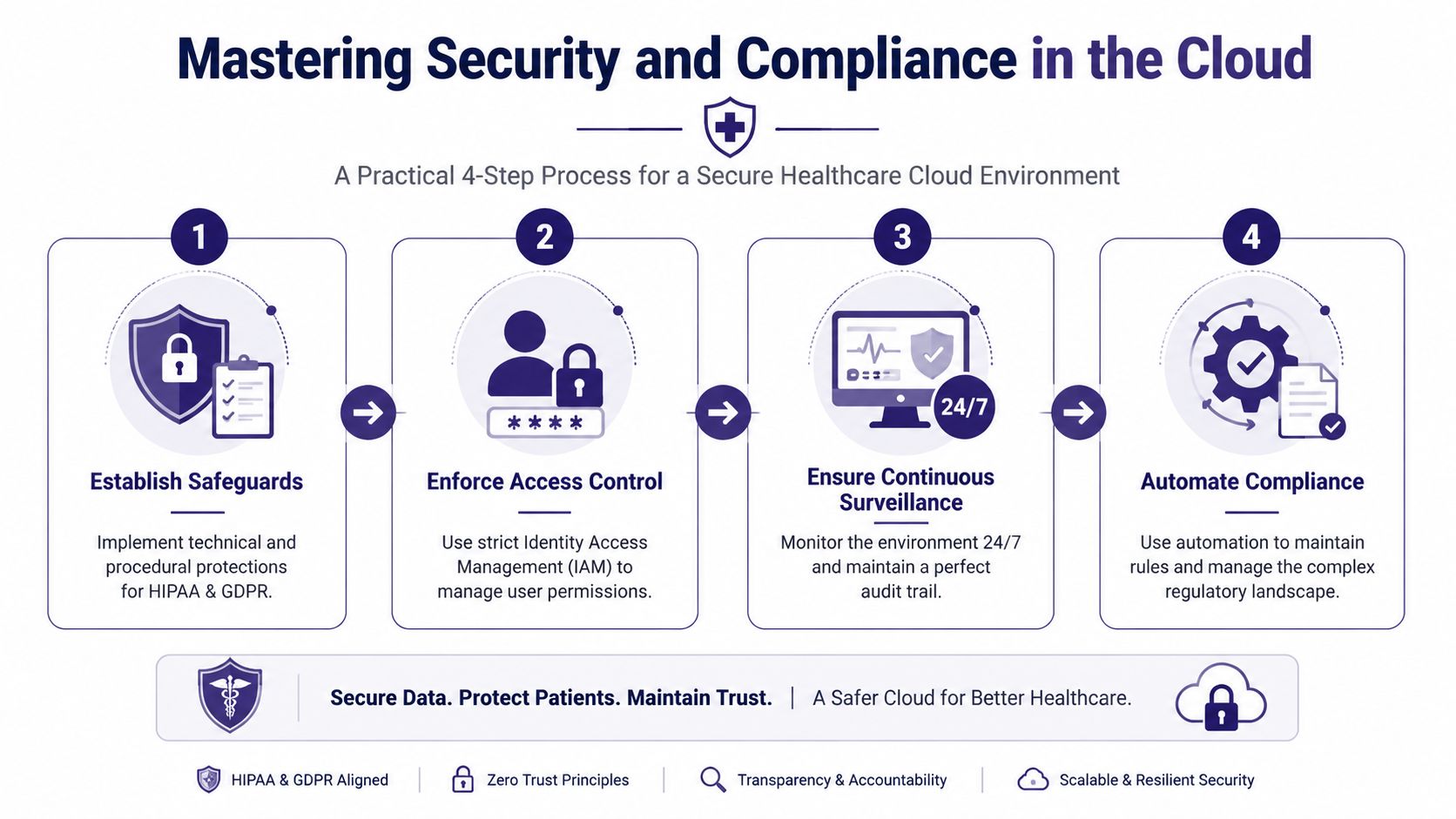 A four-step infographic illustrating a practical process for achieving secure and compliant healthcare cloud environments.
