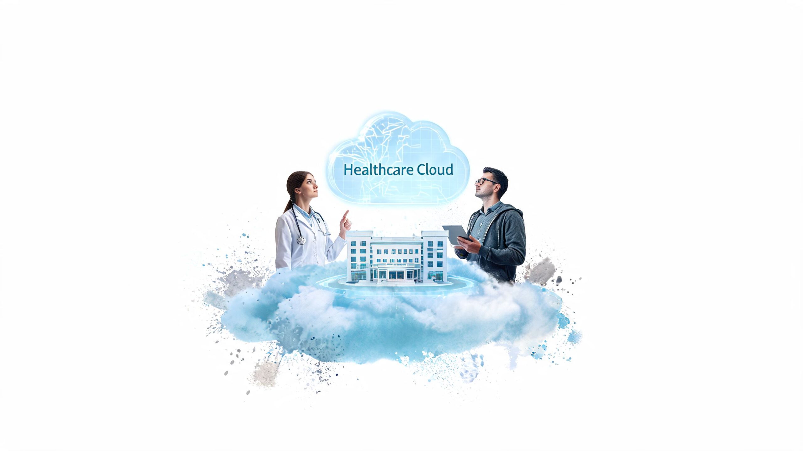 A female doctor and a male engineer looking at a holographic hospital model within a cloud.