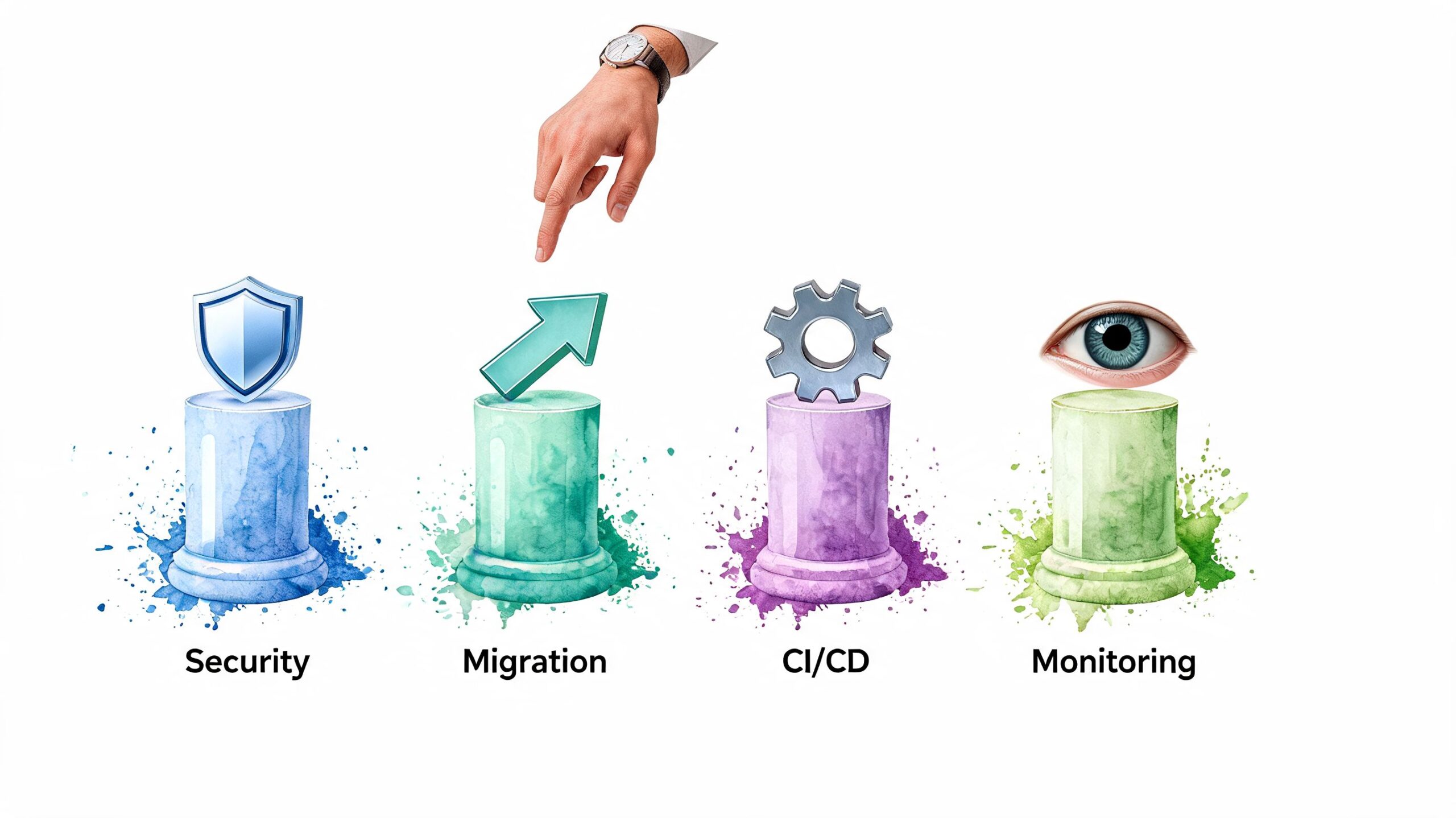 A hand pointing to a pillar representing migration, alongside pillars for security, CI/CD, and monitoring services.