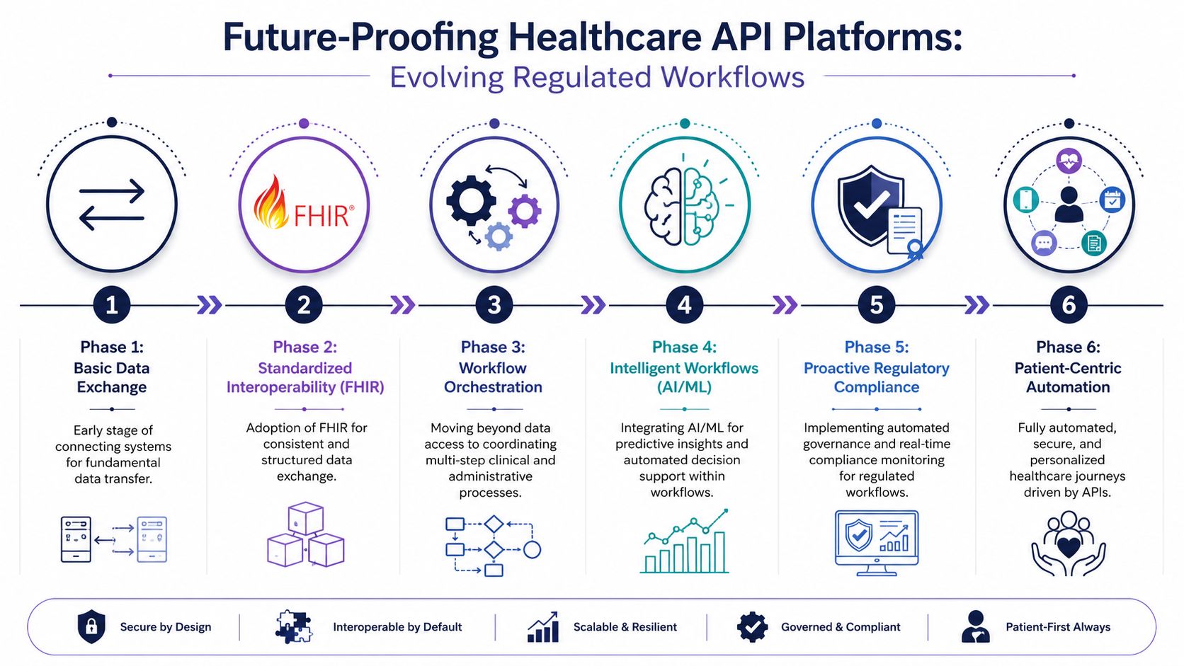 A six-phase infographic detailing the evolution of future-proofing healthcare API platforms from basic data exchange to patient-centric automation.