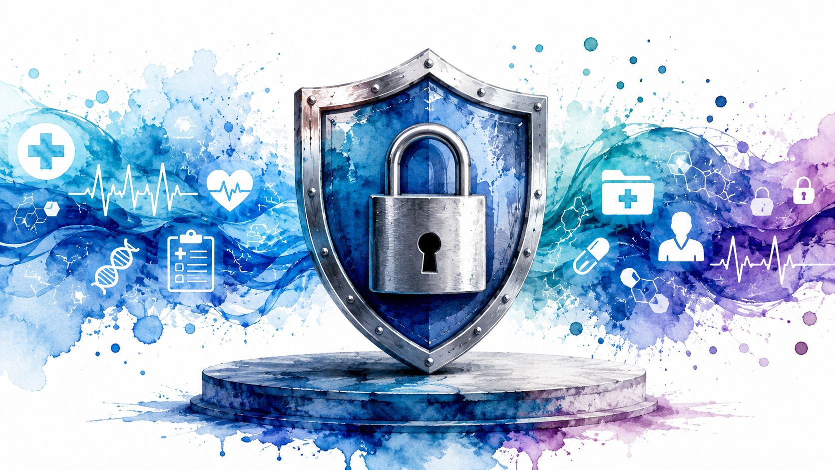 A silver padlock on a shield representing healthcare data security, digital privacy, and medical record protection.