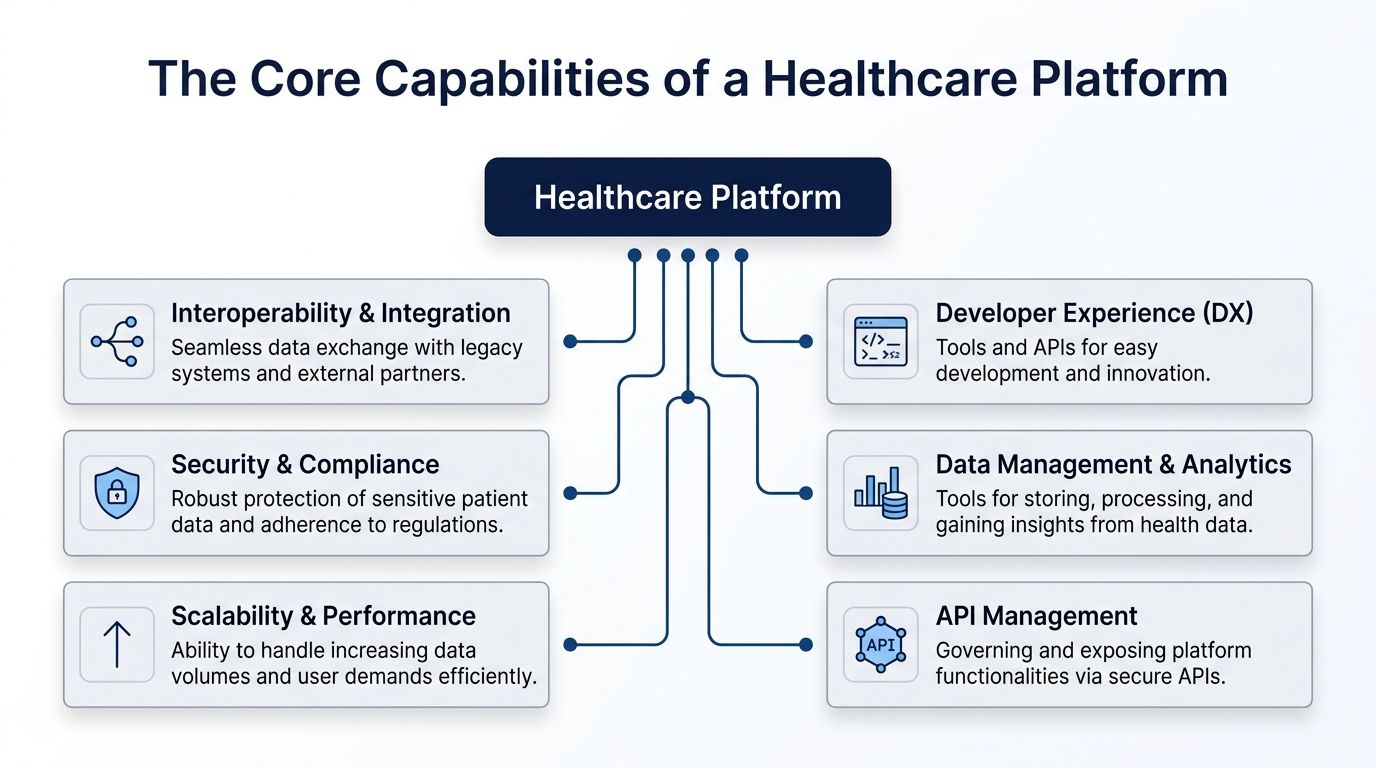 A diagram illustrating the six core capabilities of a modern healthcare platform for engineering and digital innovation.