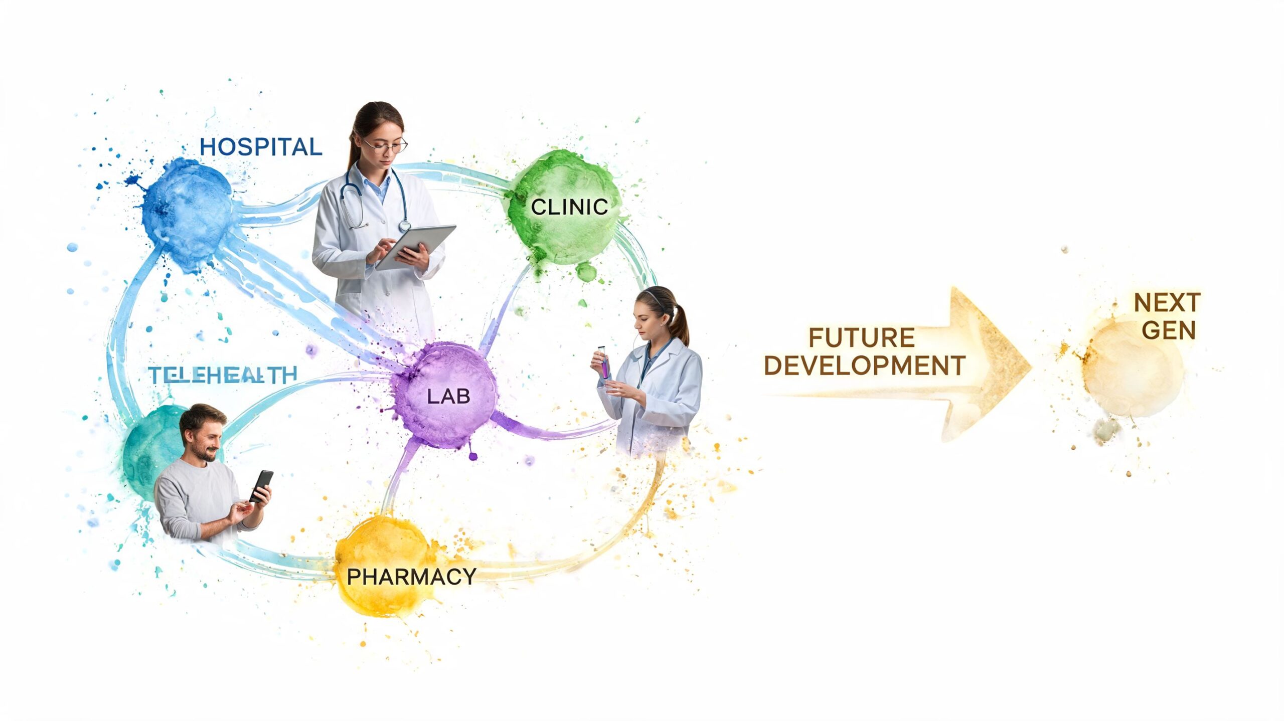 A conceptual healthcare diagram showing connections between hospitals, clinics, labs, pharmacies, and patients with future development.