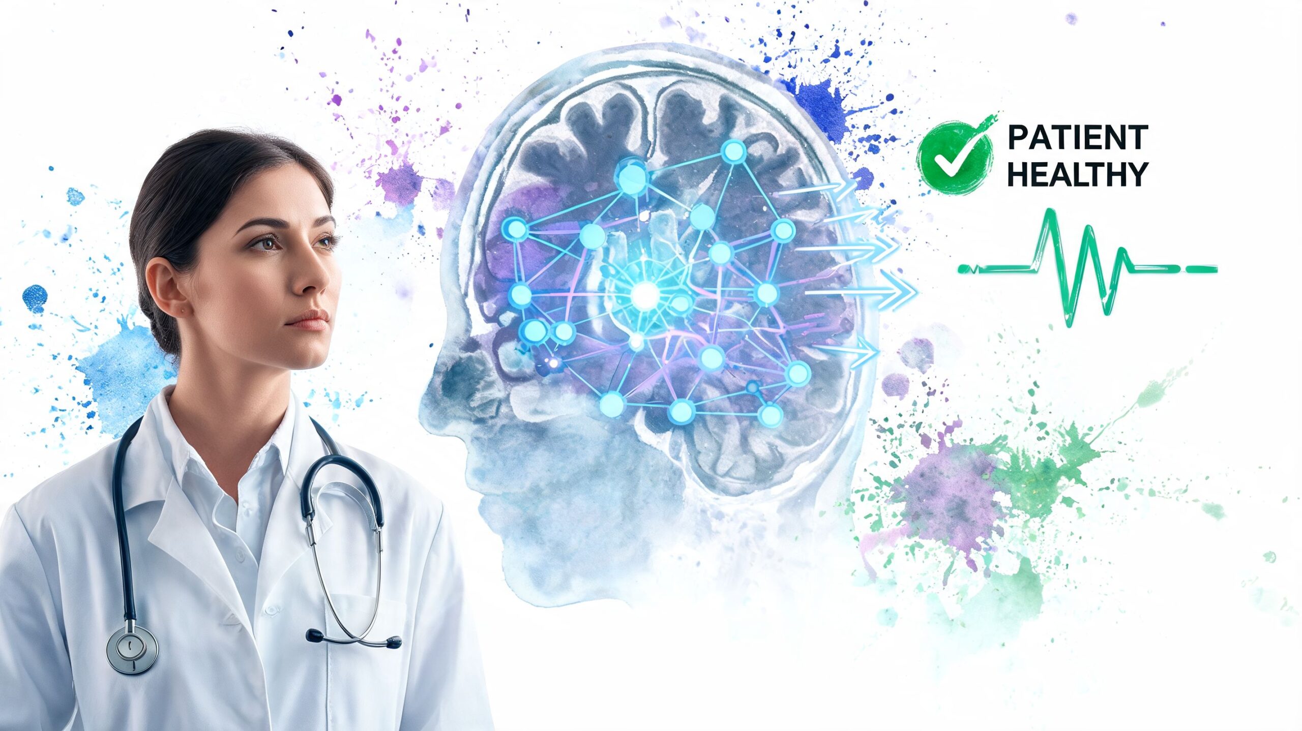A female doctor looking at a digital brain model with connected nodes symbolizing modern healthcare technology advancements.