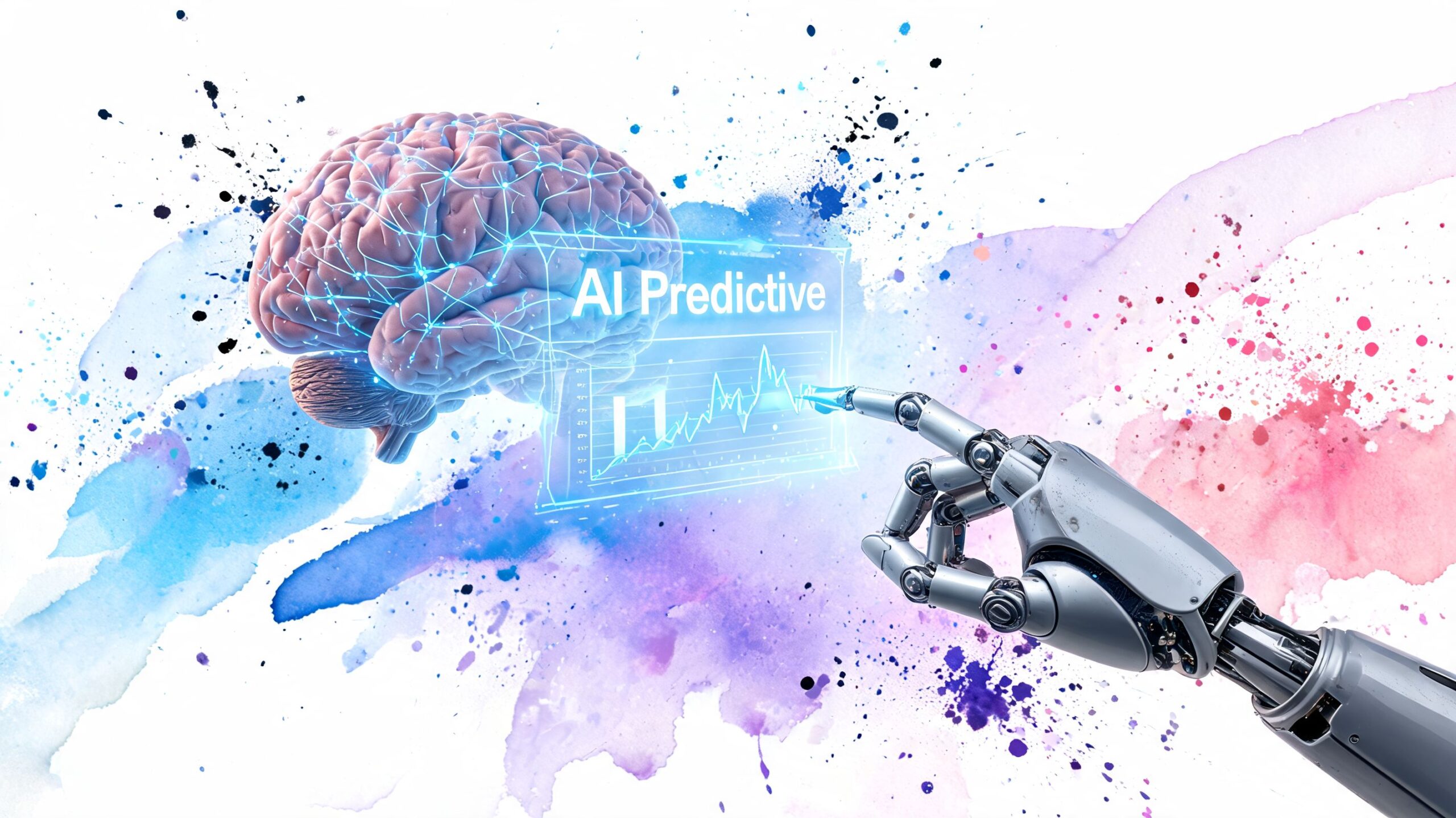 A robotic hand interacting with a digital interface showing brain activity and predictive analytics data.