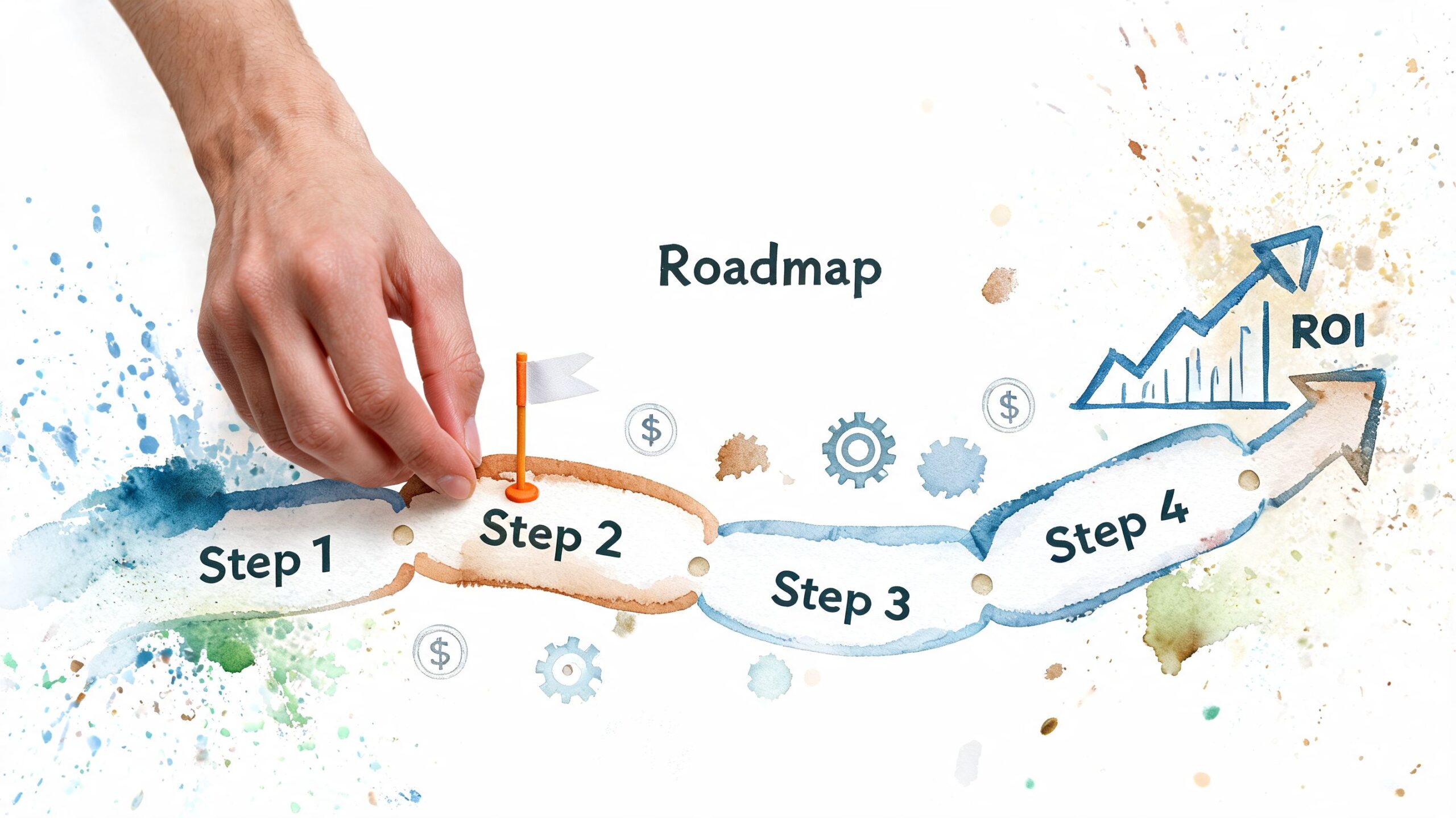 A hand placing a flag marker on the second step of a four-step business development roadmap illustration.