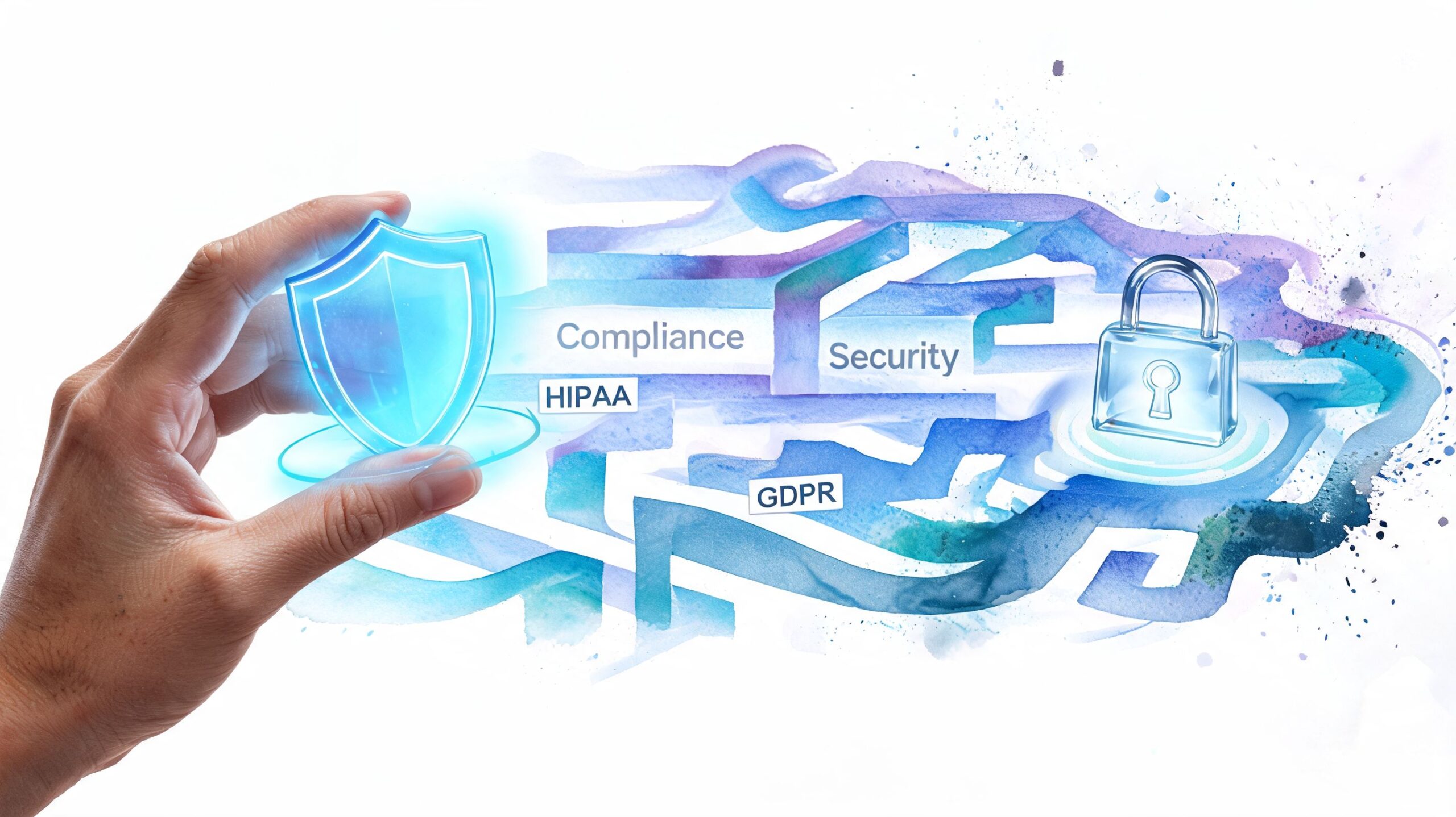 A hand holds a glowing shield icon representing security with HIPAA and GDPR compliance labels in a maze.