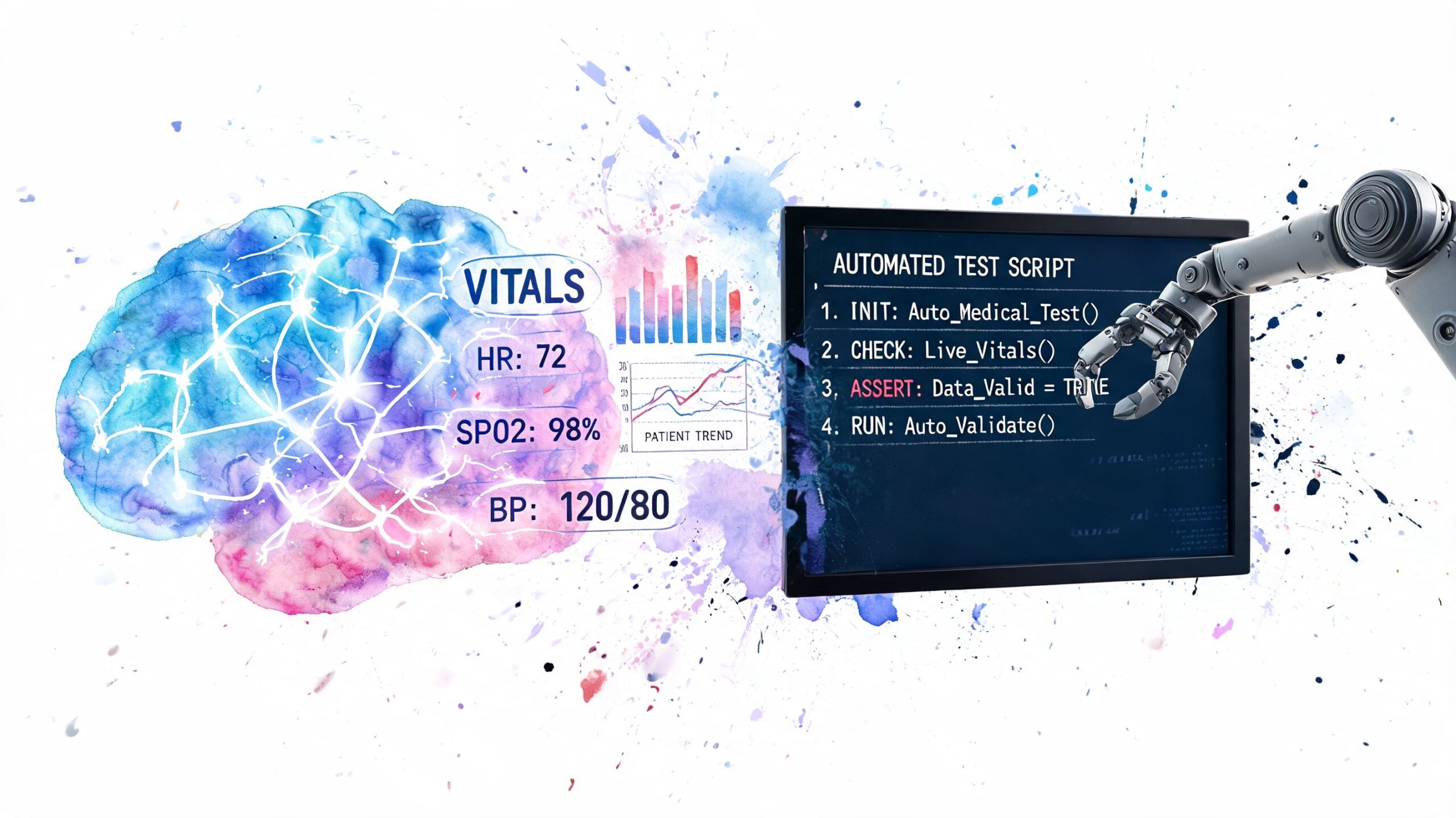 A digital illustration showing a human brain connected to automated healthcare software testing code via robot arm.