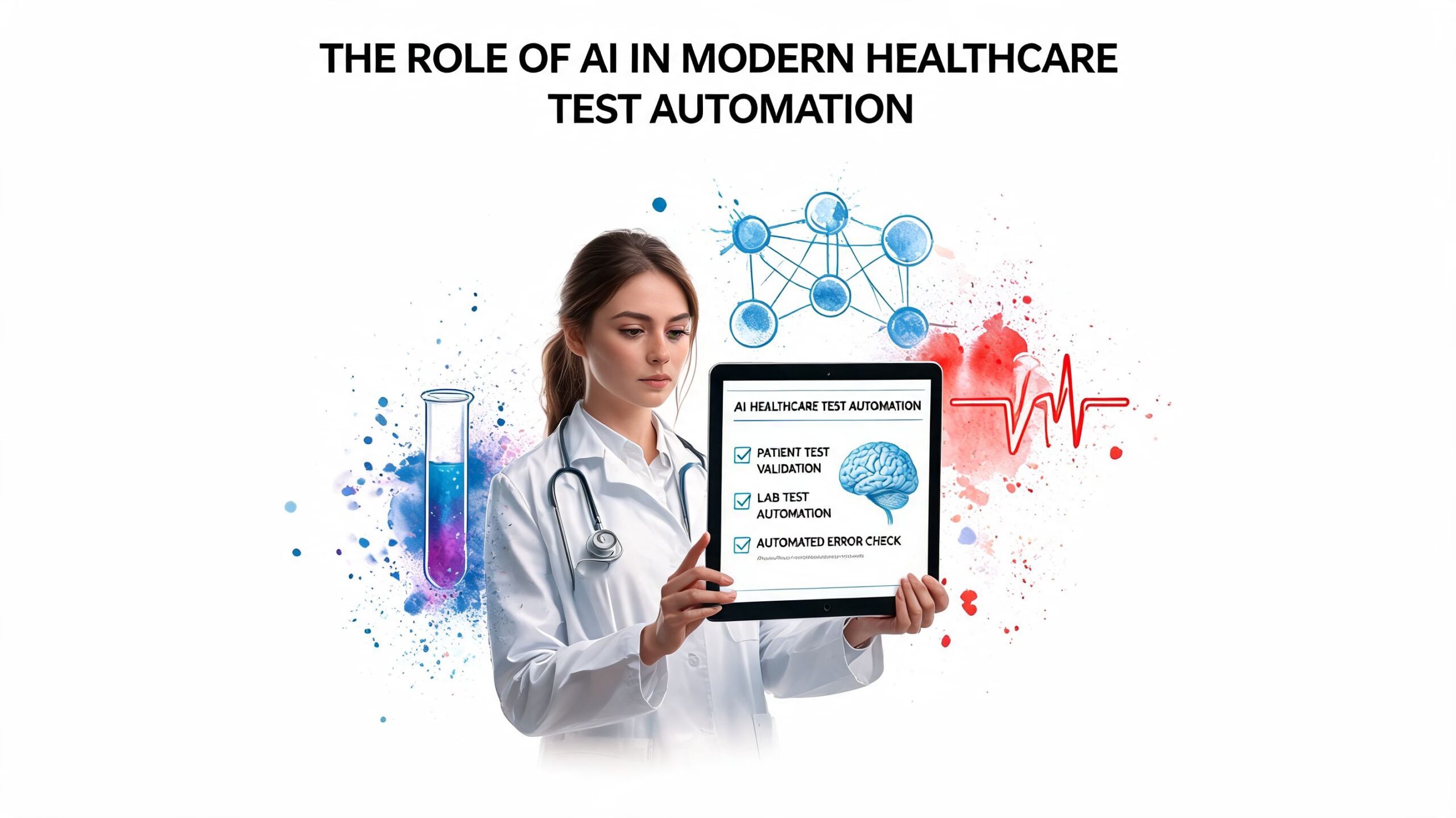 A female doctor holding a tablet displaying AI-driven healthcare test automation features in a modern clinic.