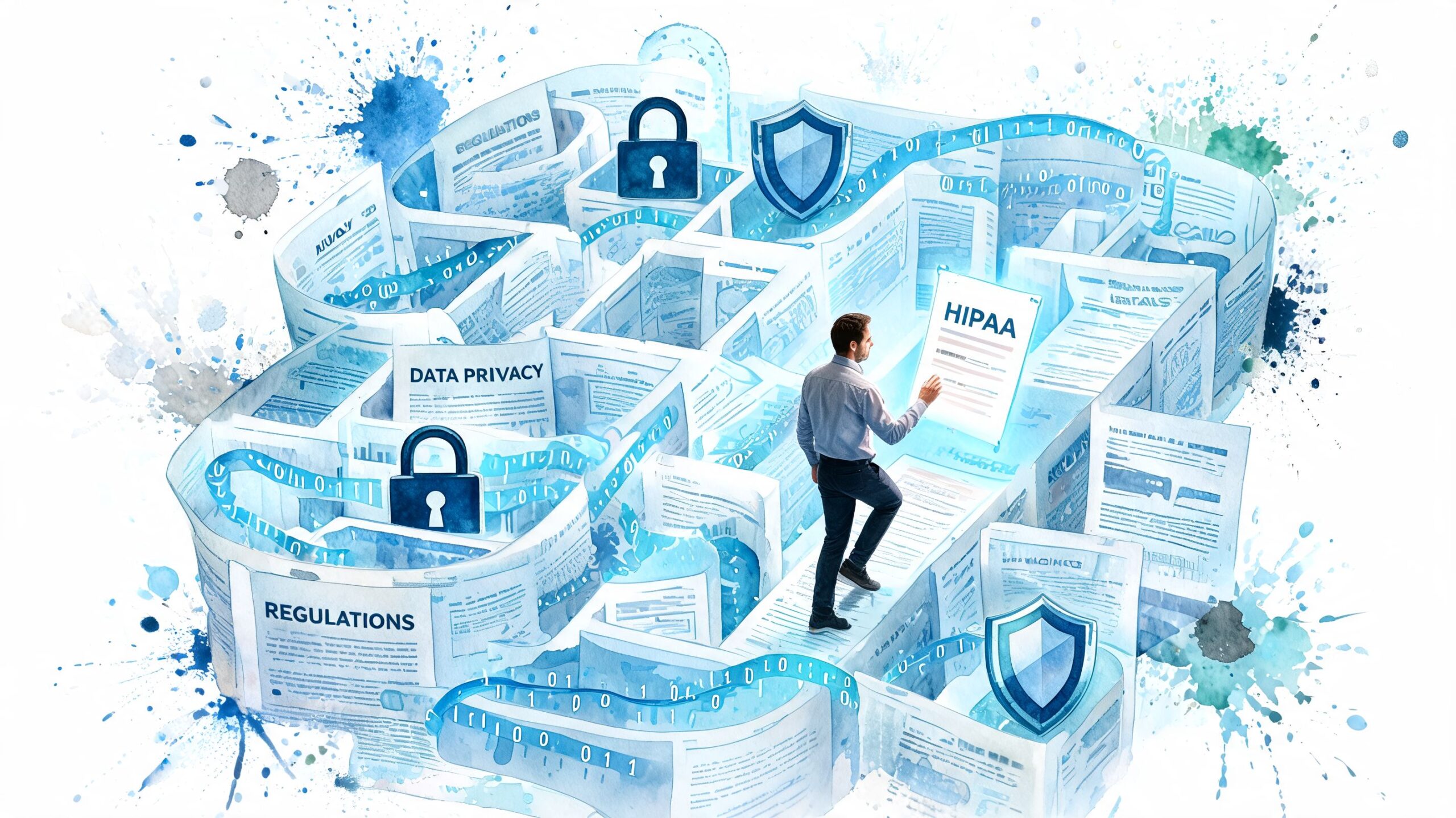 A businessman navigating a digital maze of healthcare regulations and data privacy documents, holding a HIPAA file.