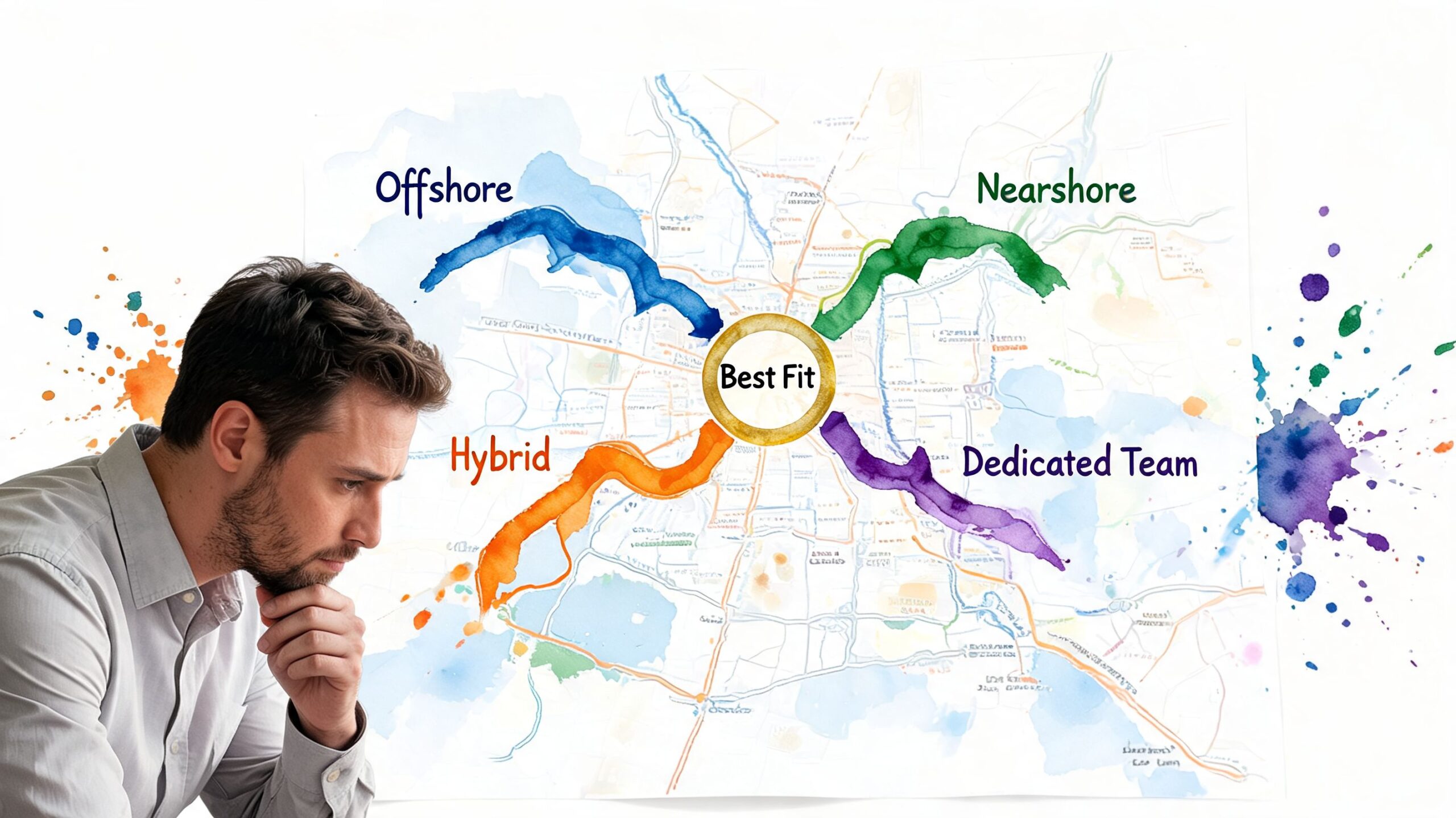 A professional man contemplating a business diagram featuring offshore, nearshore, hybrid, and dedicated team development models.