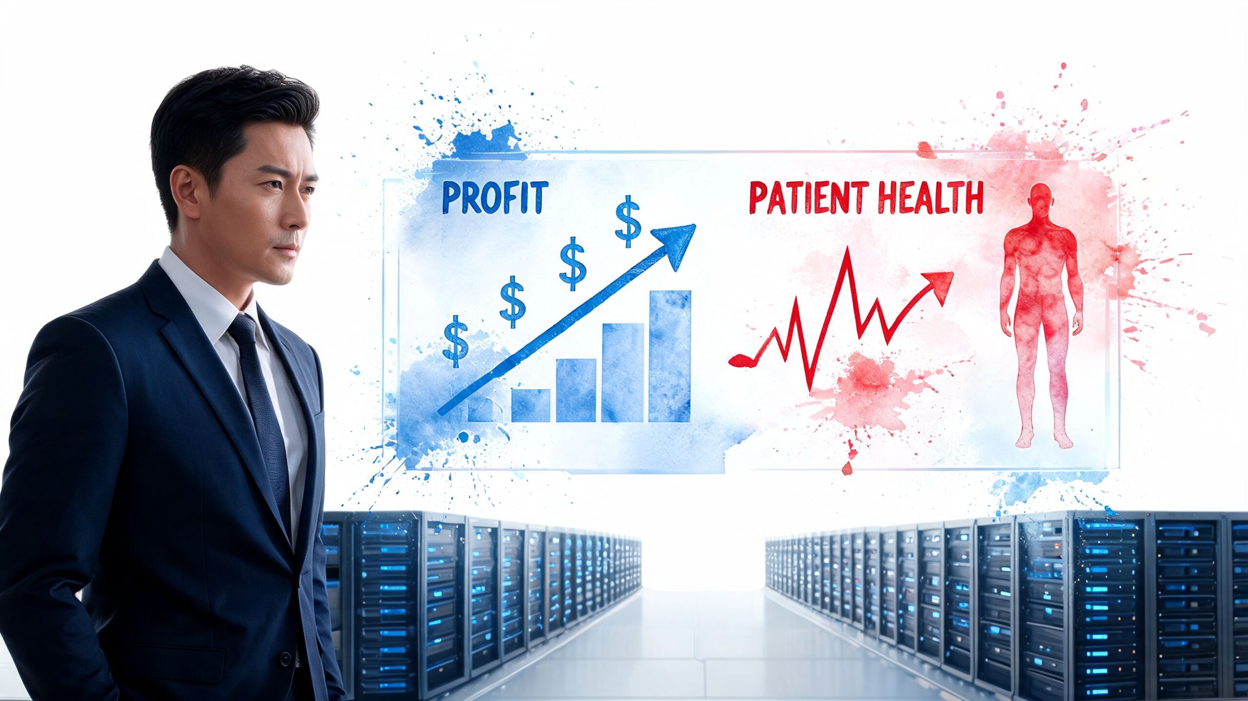 A businessman stands in a data center, considering the balance between corporate profit and patient health.