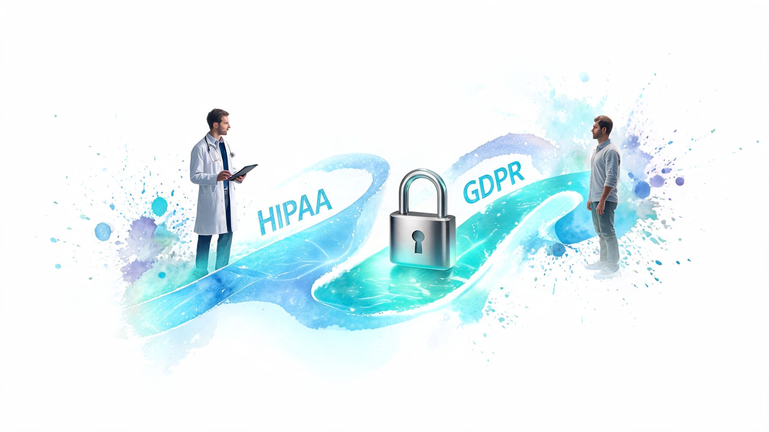 A doctor and a patient facing each other with a digital lock representing data security and compliance.