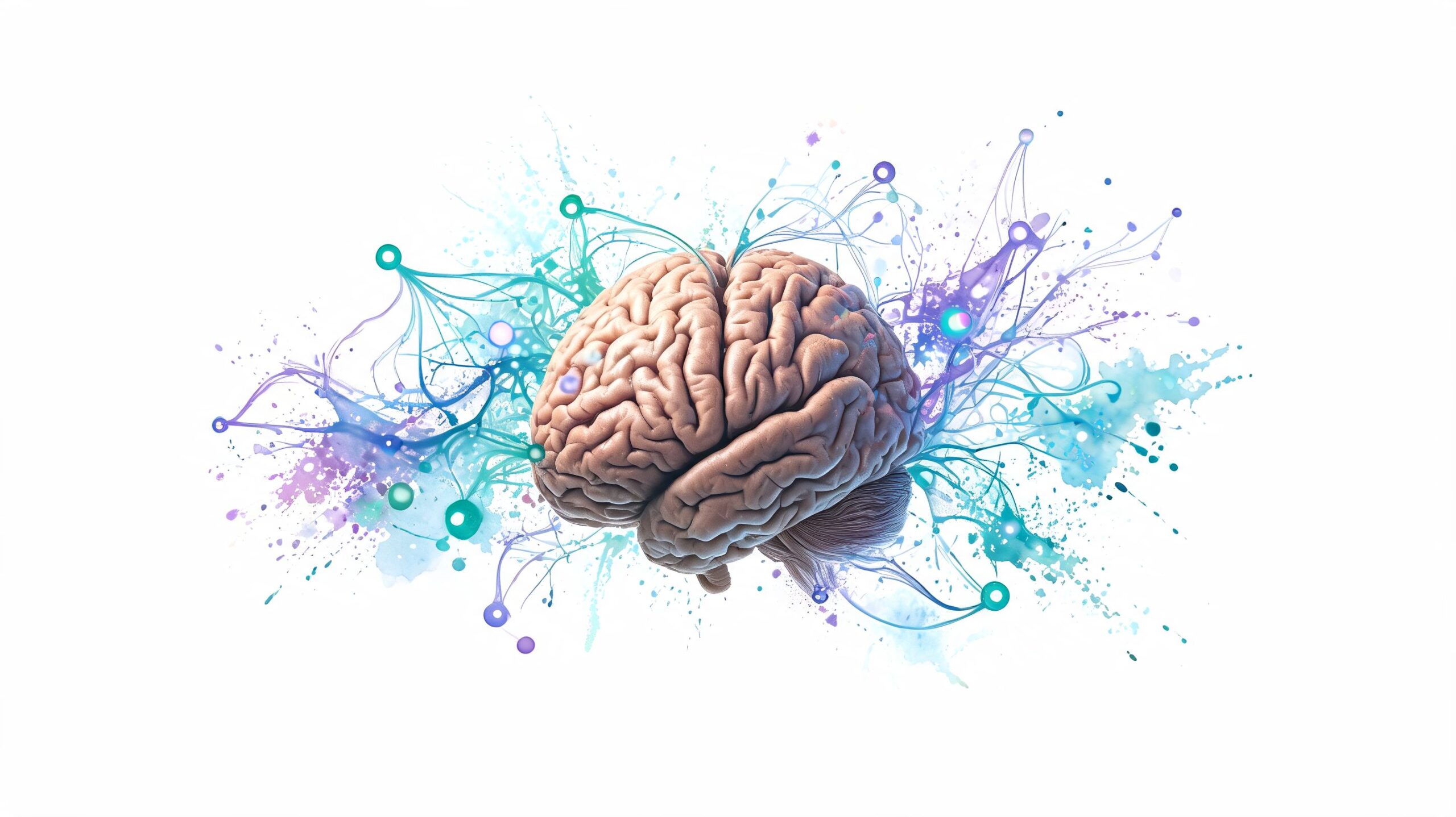 A human brain central illustration surrounded by abstract colorful neural network lines and watercolor splashes on white.