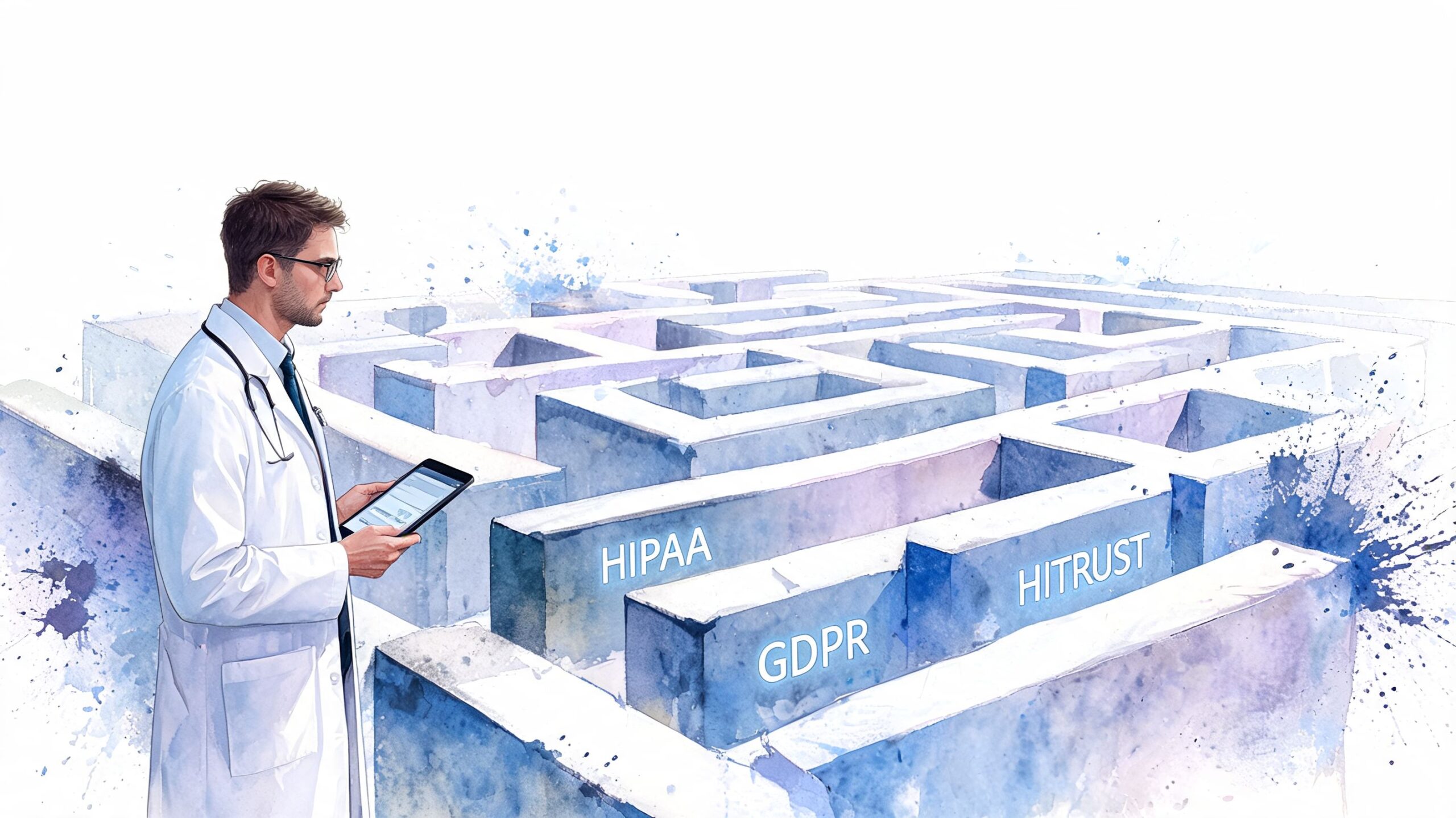 A doctor in a white lab coat navigating a complex maze labeled with compliance standards like HIPAA.