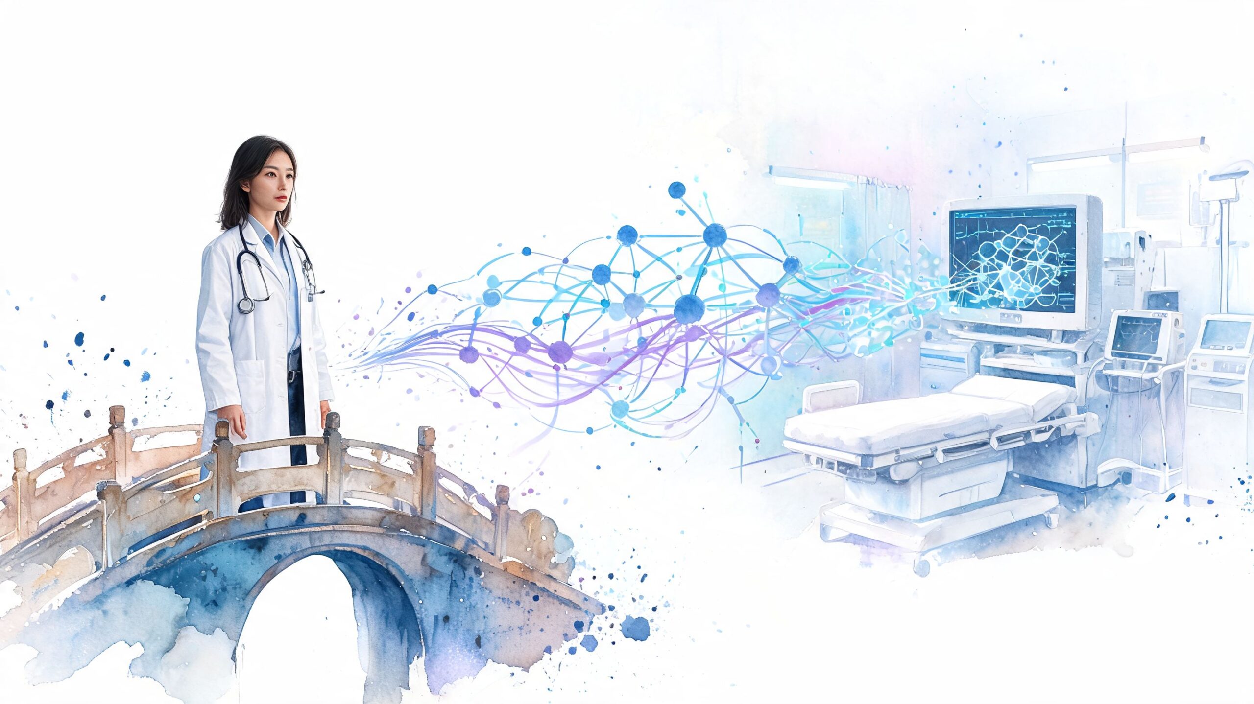 A doctor stands on an arched bridge, symbolizing the connection between medical technology and patient care.